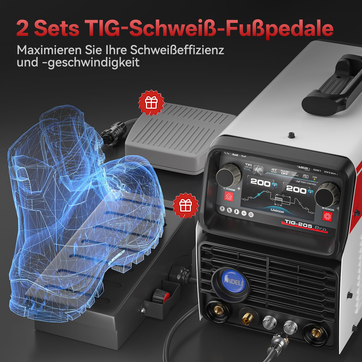 ANDELI 10-in-1 Aluminium TIG WIG schweißgerät AC DC, Fußpedal, 205A LCD, Puls Rechteck Sinus Trapezwelle, Kalt Punktschweißung, 230V, TIG-205 PRO