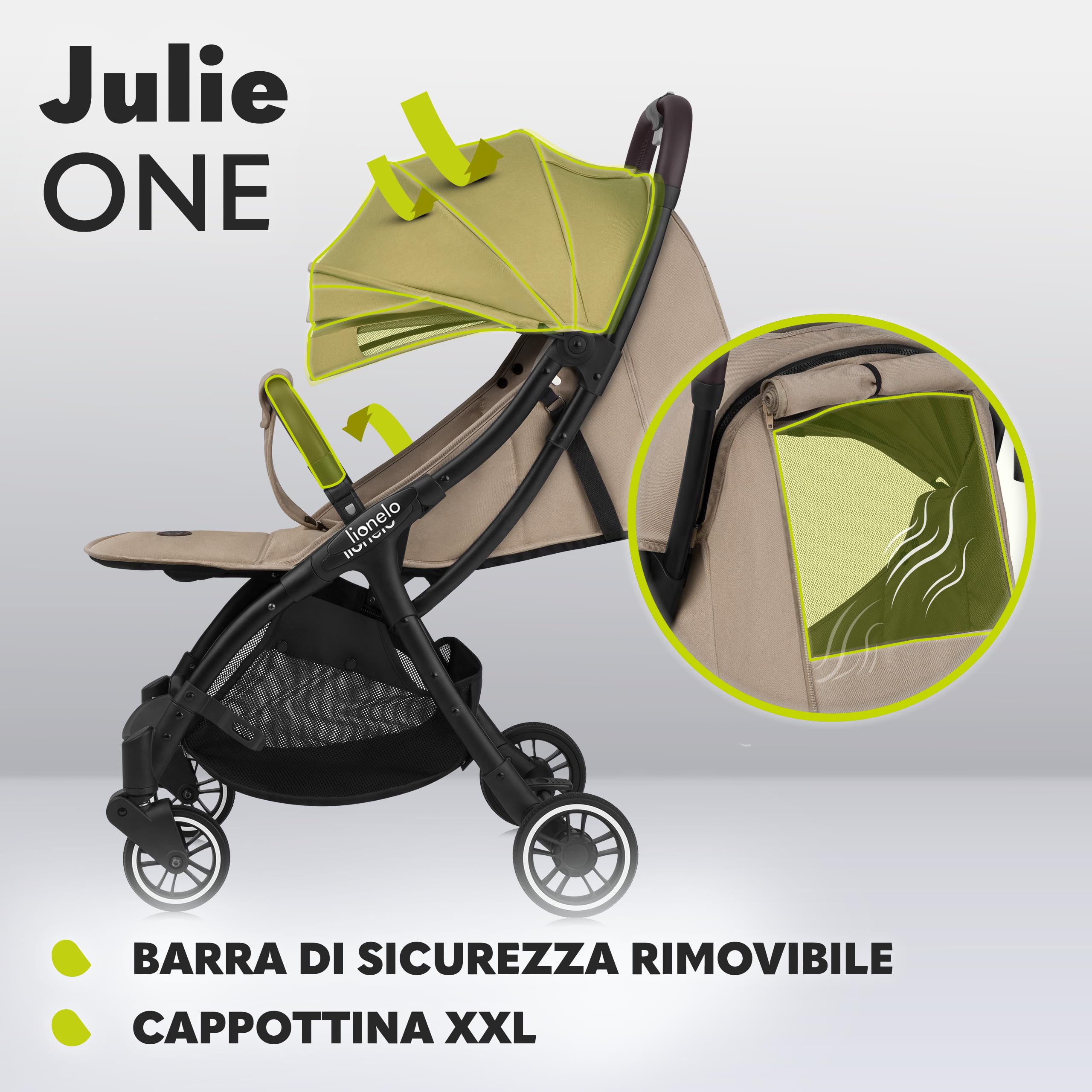 LIONELO Julie One Passeggino Leggero Pieghevole dalla Nascita a 22 kg | Schienale Reclinabile in Posizione Sdraiata, Poggiapiedi Regolabile, Zanzariera, Coprigambe, Portabibite e Borsa