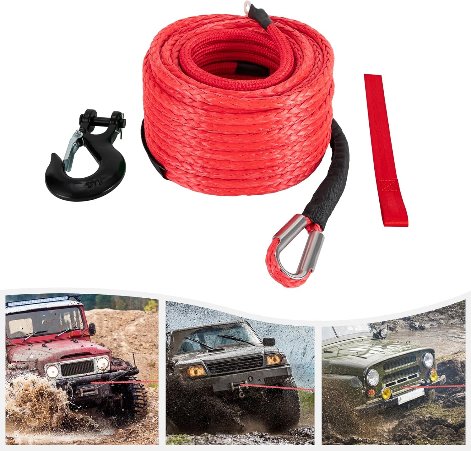 Synthetic Winch Rope 1/2"×85ft 31500 Lbs Cable Kit Synthetic Winch Cable with Hook Winch Line Replacement for SUVs, Jeeps, Trucks, ATVs, UTVs Red