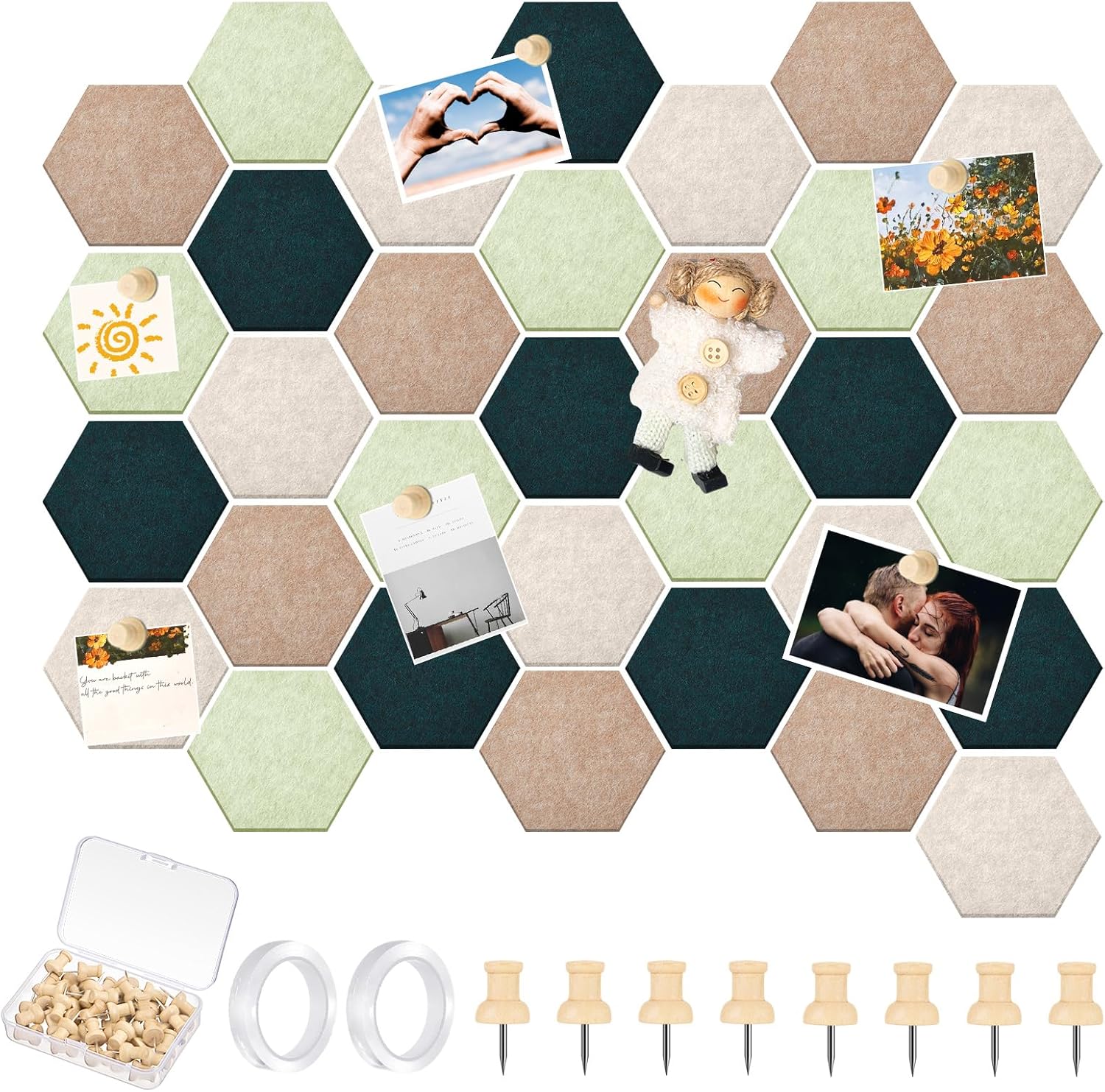 32 Pcs 12'' x 10' Hexagon Felt Cork Board Tiles with 50 Wooden Push Pins, Felt DIY Bulletin Board with 4 Tape for Office School Home Wall Decor Stickers Memos Photos Display
