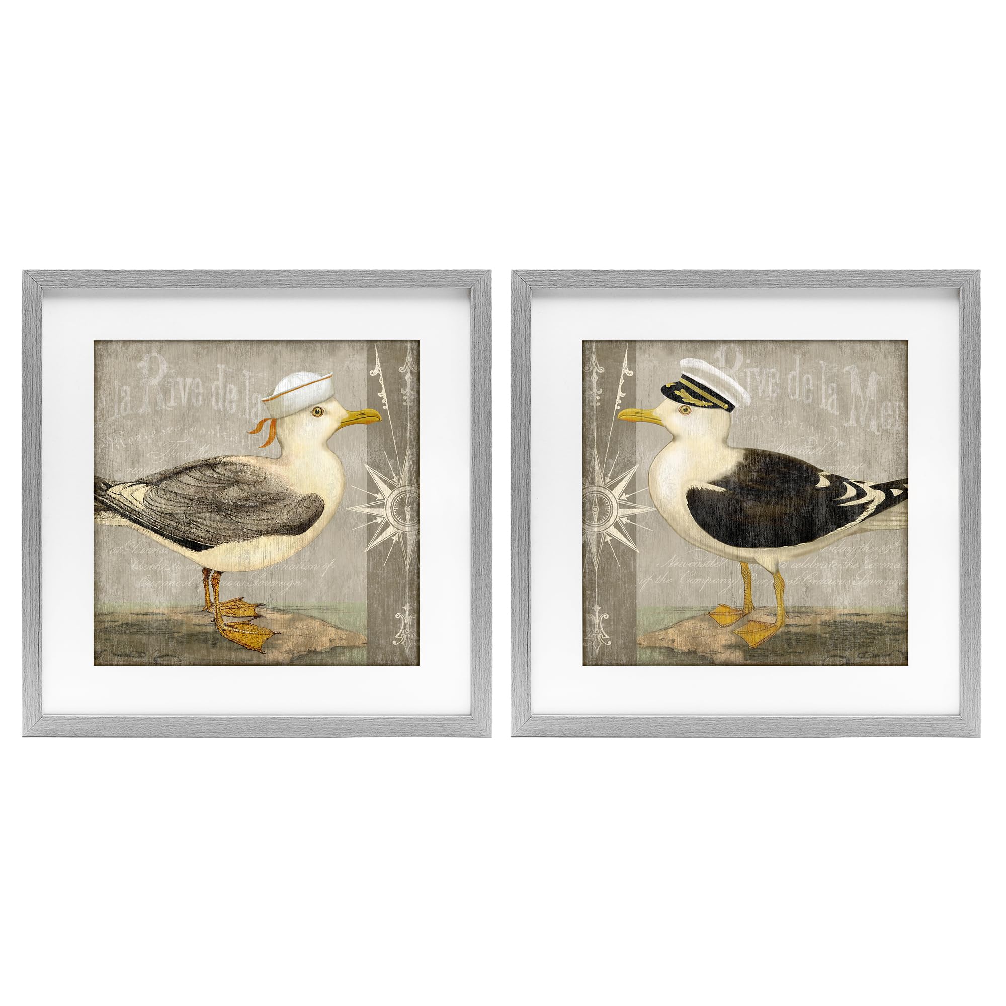 Stupell Industries Vintage Hat Seagull Pair 'Little Seagulls With Hats', 2Pc Framed Print Under Glass Set, Gray, 16 X 16 Inches, Easy To Hang And Sturdy, Made In Usa, By Suzanne Nicoll