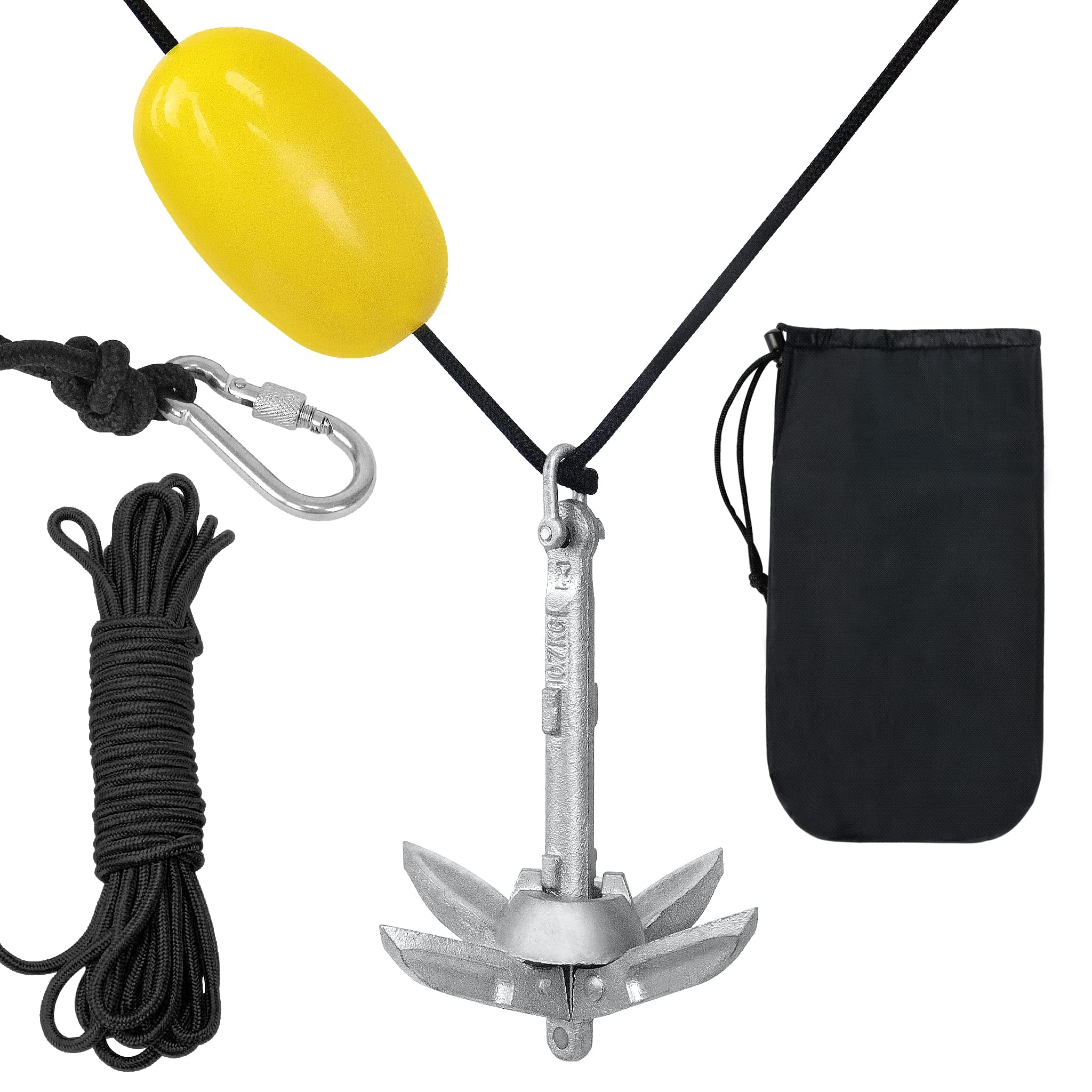 NAIZY Ancre en Fonte Galvanisée Pliante 1,5KG Ancre Set Incluant 10m de Corde d'Ancre, Boucles, Bouées et Sacs de Transport, Ancre de Bateau Accessoires pour Bateau Pneumatique