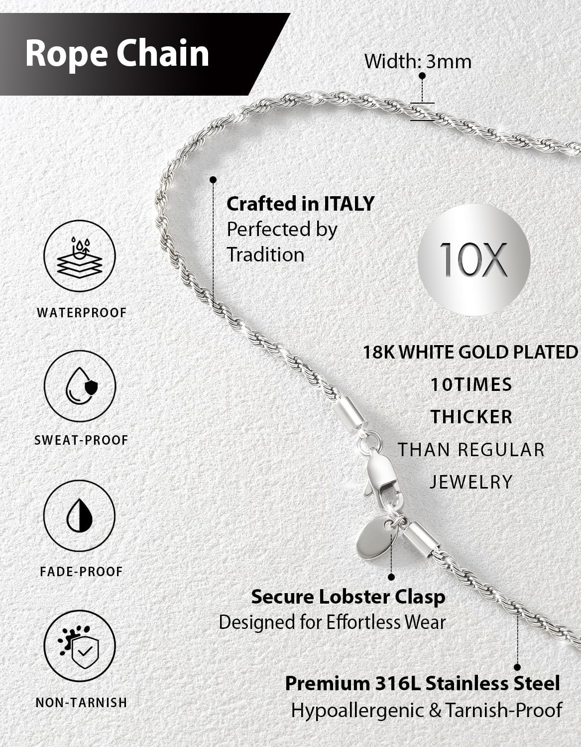 KRKC&CO Rope Chain Necklace for Men, Packaging with Gift Box & Card on Birthday from Mom Dad, 18K / White Gold Plated Chains, Hypoallergenic 316L Stainless Steel, Durable Men Jewelry, 3mm 16-26in - Image 4