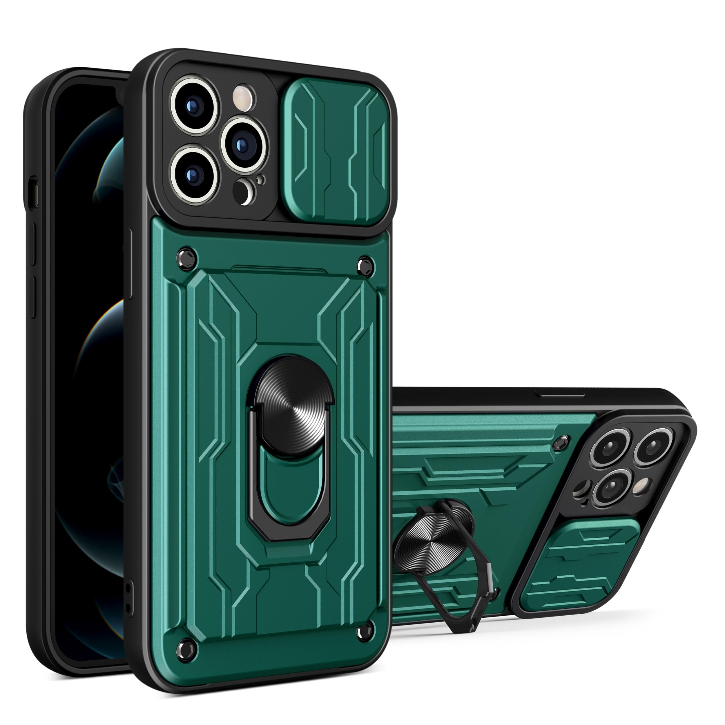 CAEZ Back Cover Case for with Sliding Cover for Camera Protection|Anti-Fingerprint|Ring Stand 360 Deg Rotation|Multi Layer Strong Protection|A Card Slot(Dark Green)