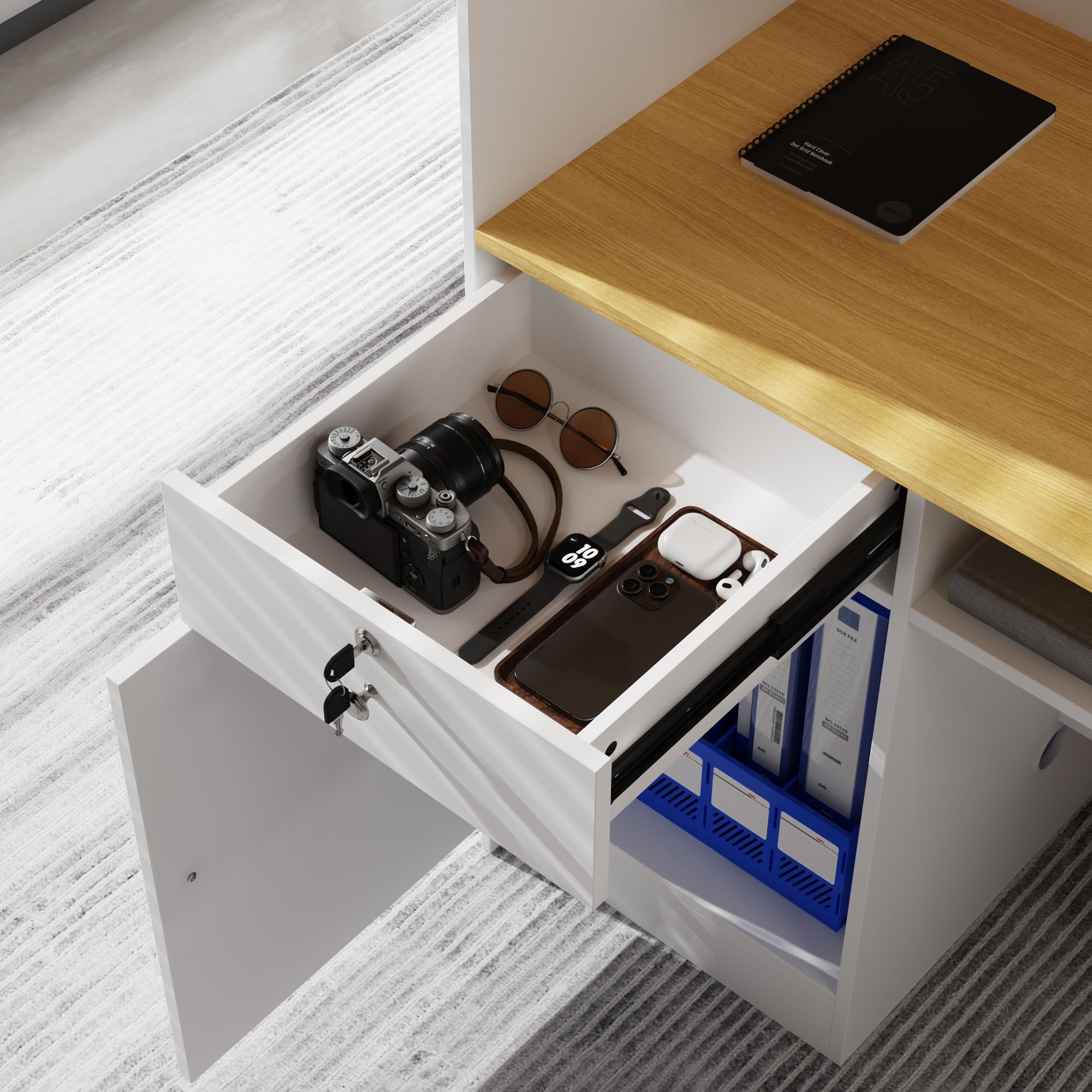 Banco reception, tavolo da reception, bancone con illuminazione a 3 colori, tavolo reception con 1 cassetto e 1 armadio, bancone con area espositiva aperta con 2 scomparti bianco + legno naturale