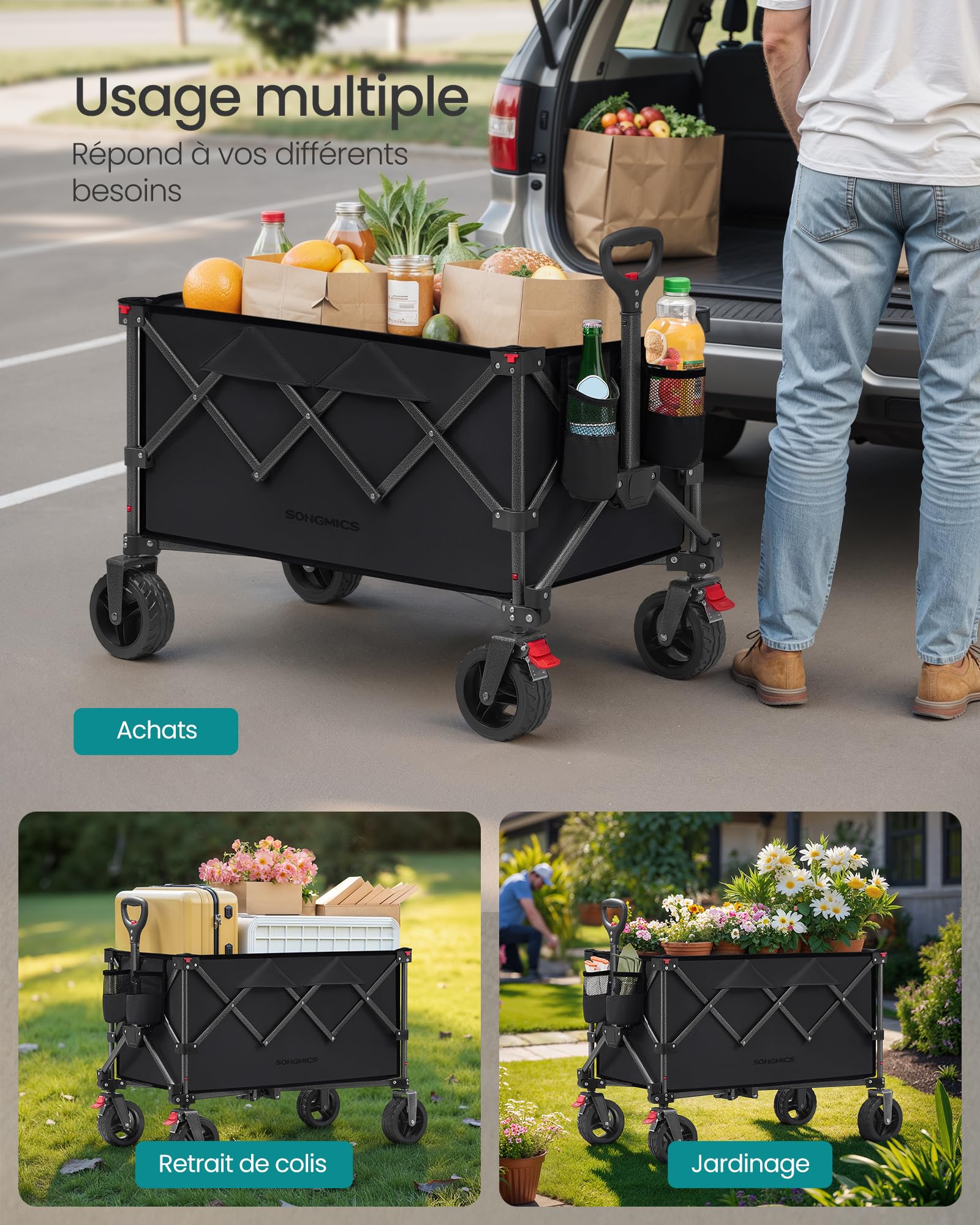 SONGMICS Chariot Pliable, Capacité de 150 L, Supporte Jusqu à 150 kg, avec Poignée, 4 Roues Amovibles, Chariot de Jardin, Économie d Espace, pour Extérieur, Plage, Camping, Noir d'encre GFW115B01