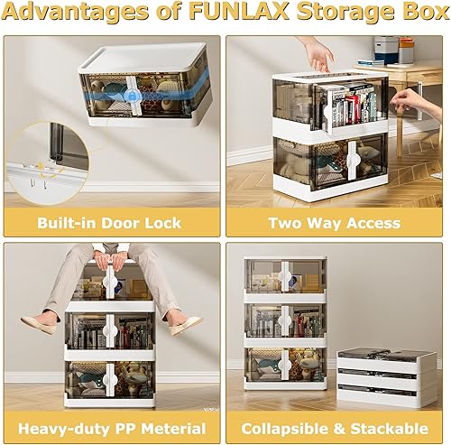 Miniatura 3 de FUNLAX Contenedores de almacenamiento plegables con tapas, 14 galones plegables y apilables con puertas y ruedas, cajas de almacenamiento plegables