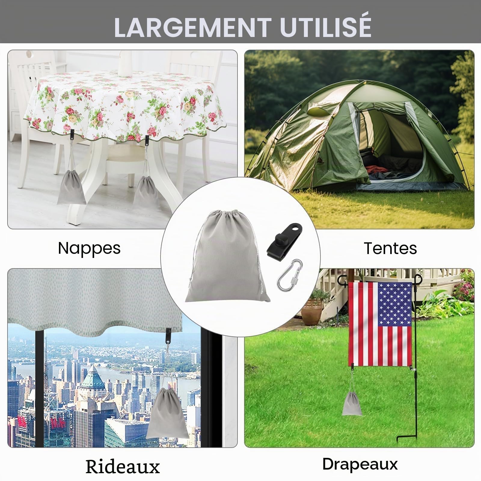 Lot de 10 sacs de lestage portables pour tonnelle, 20 x 25 cm, sacs de lestage en toile avec 12 mousquetons et clips
