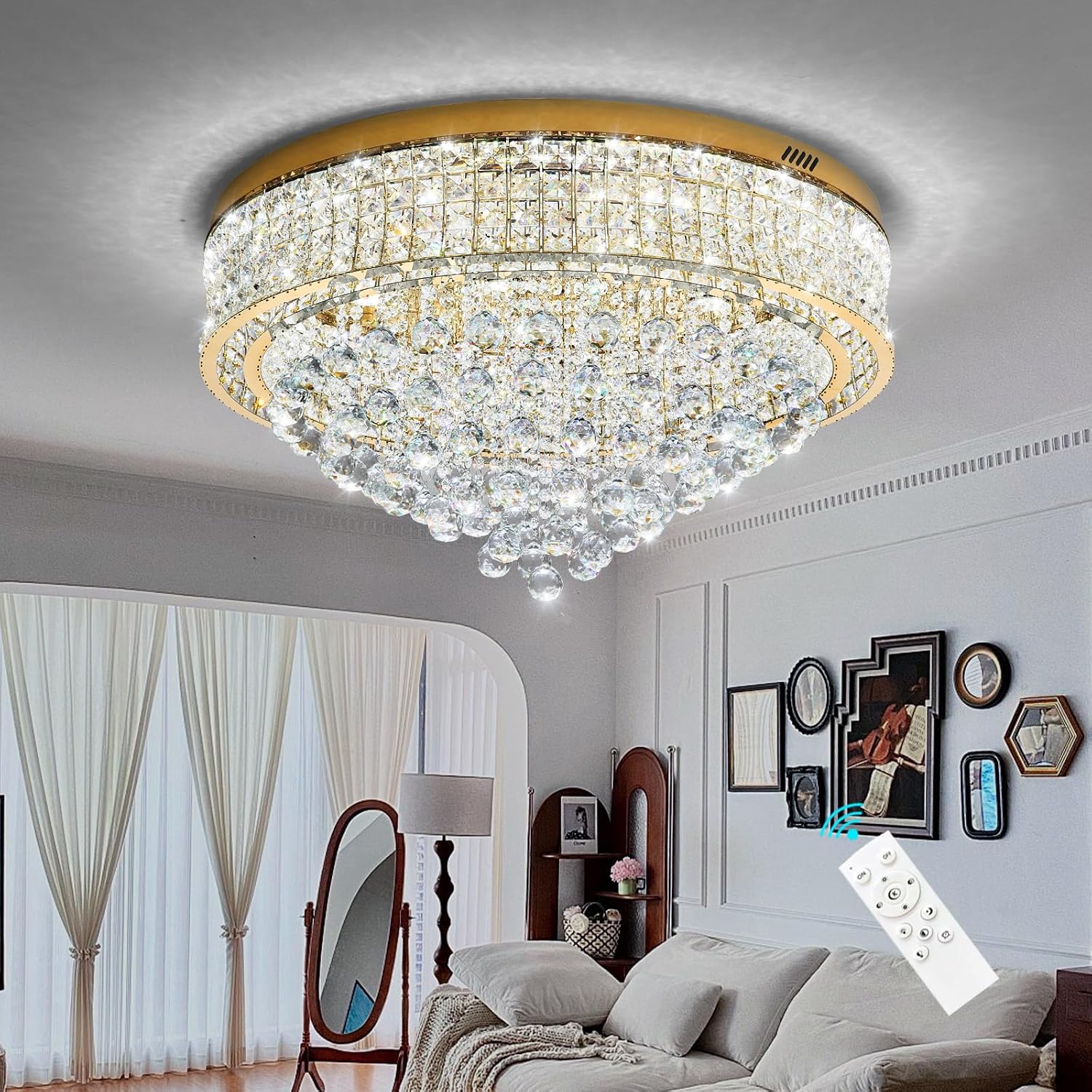 Dia 32" Crystal Chandeliers LED Dimmable Flush Mount Ceiling Light for Living Room Dining Room Bedroom LED Celing Lighting Fixture Gold