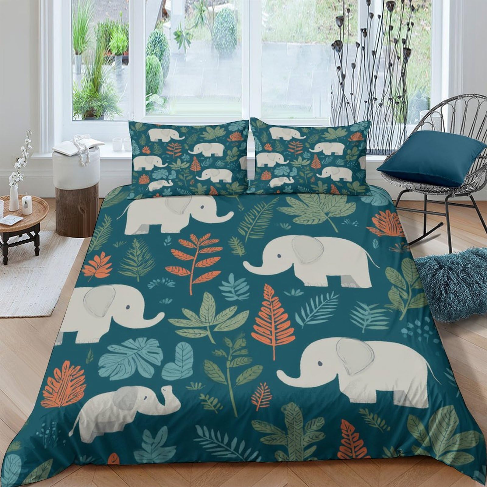 TUFRTGYHN 3D Printed Elephant Jungle Duvet Cover Set Microfiber Soft Breathable Forest Bedding Set with 2 Pillowcases for Bedroom Decor Single（135x200cm）