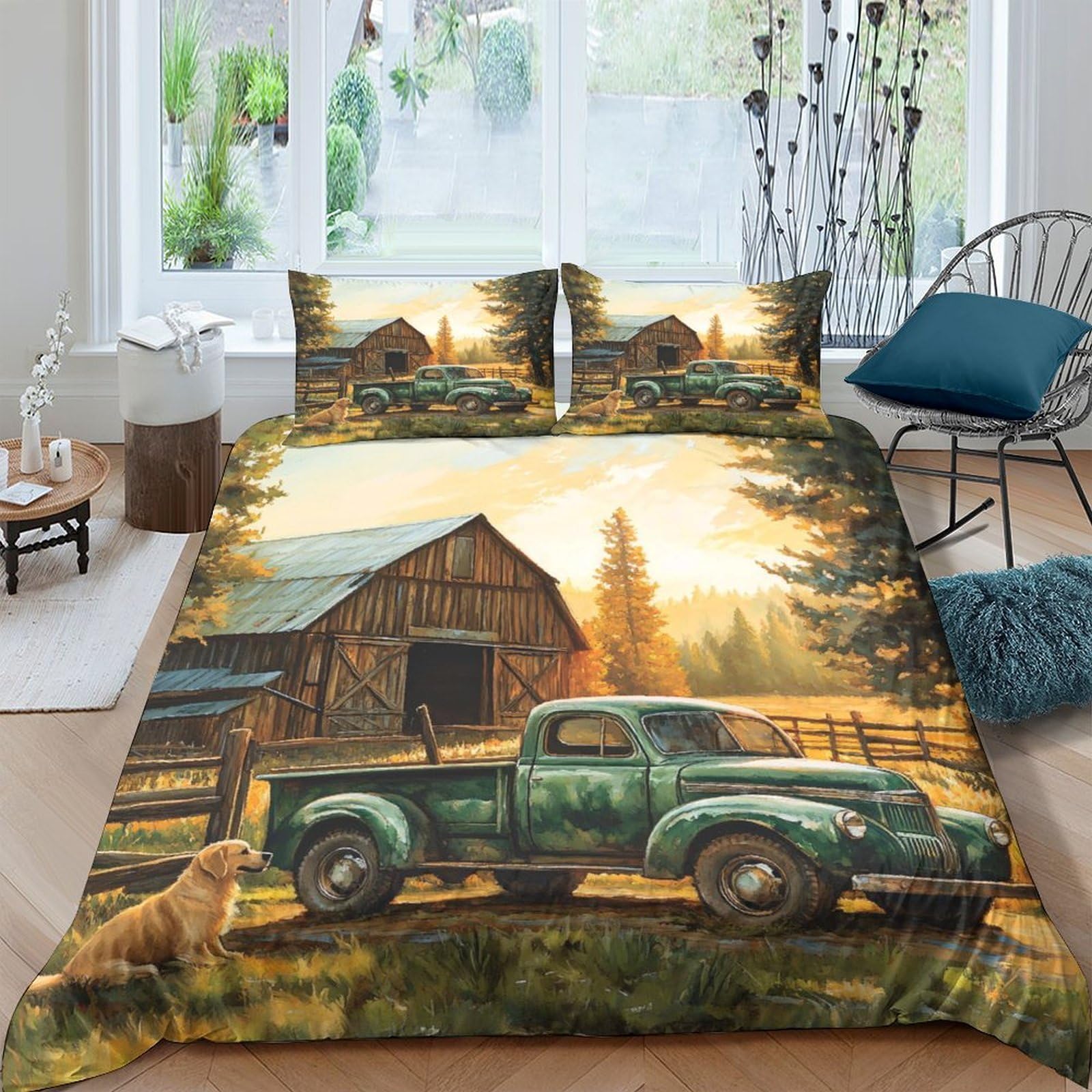 Ctjqhvkz Style-4 3D Printed Vintage Farm Truck Fitted Sheet Microfiber Soft Breathable Barn Sunset Mattress Cover For Bedroom Dorm Decor Single（135X200cm）