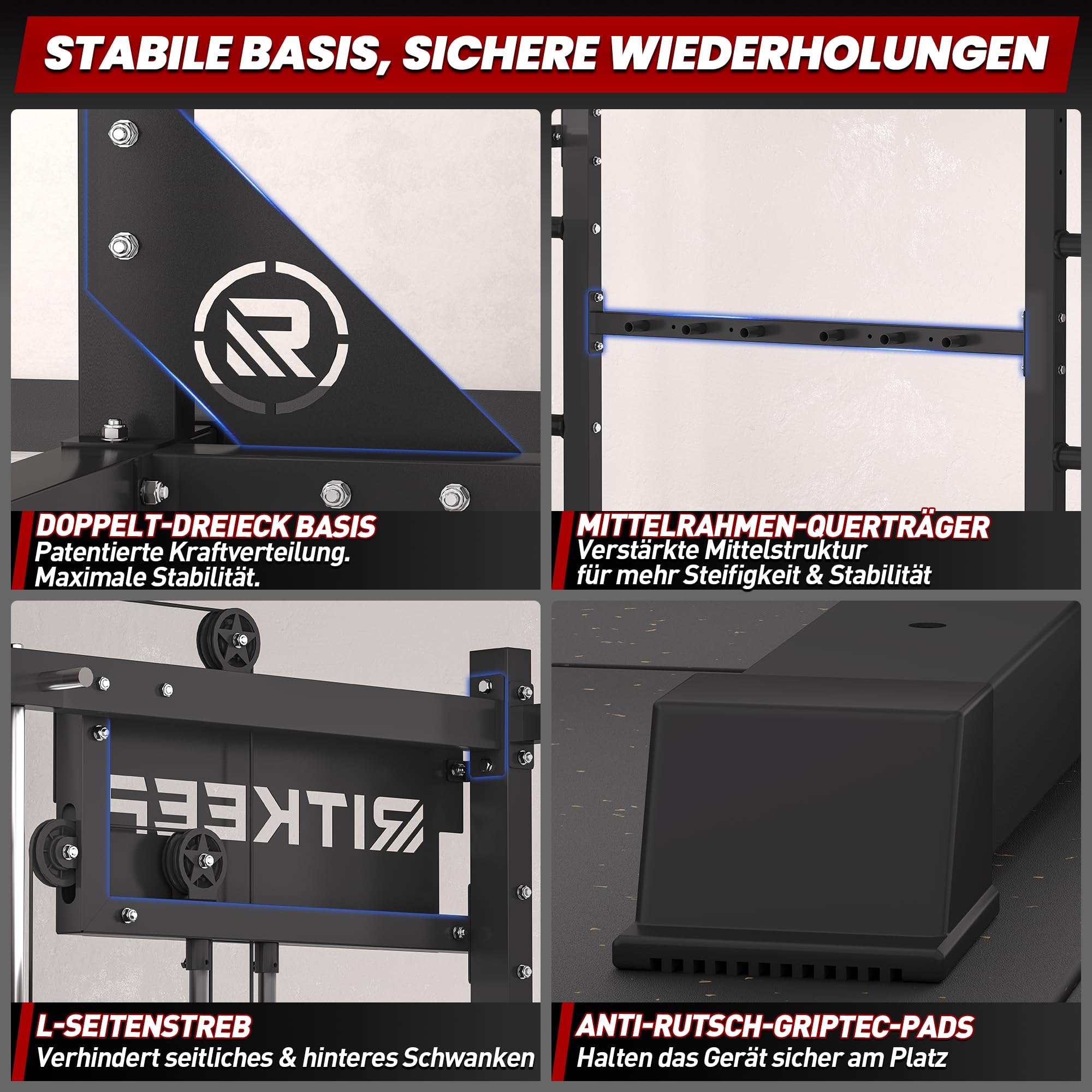 Smith Machine mit Jammer Arms, Beinpresse-Board und Bank – RitKeep PMAX-4750, duales scheibenbeladenes Fitnessgerät mit einstellbarem 1:1- & 2:1-Flaschenzugsystem