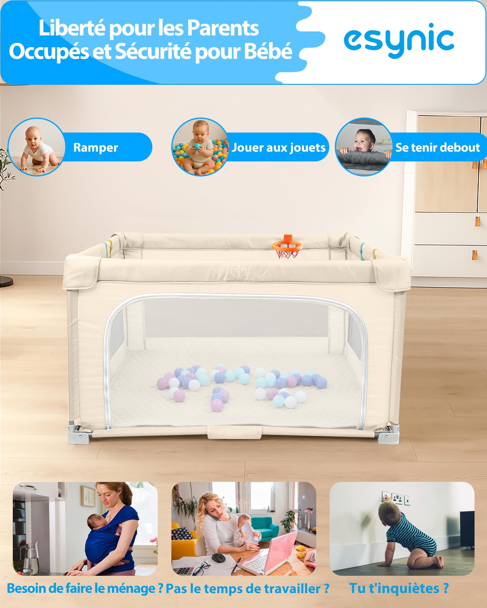 eSynic Parc Bébé Pliable 127 × 127 cm avec Tapis Sac de Rangement Balle Océanique Panier de Basket Parc de Jeux Bébé Portable Usage Intérieur et Extérieur Maille Respirante Tissu Oxford 210D -Beige