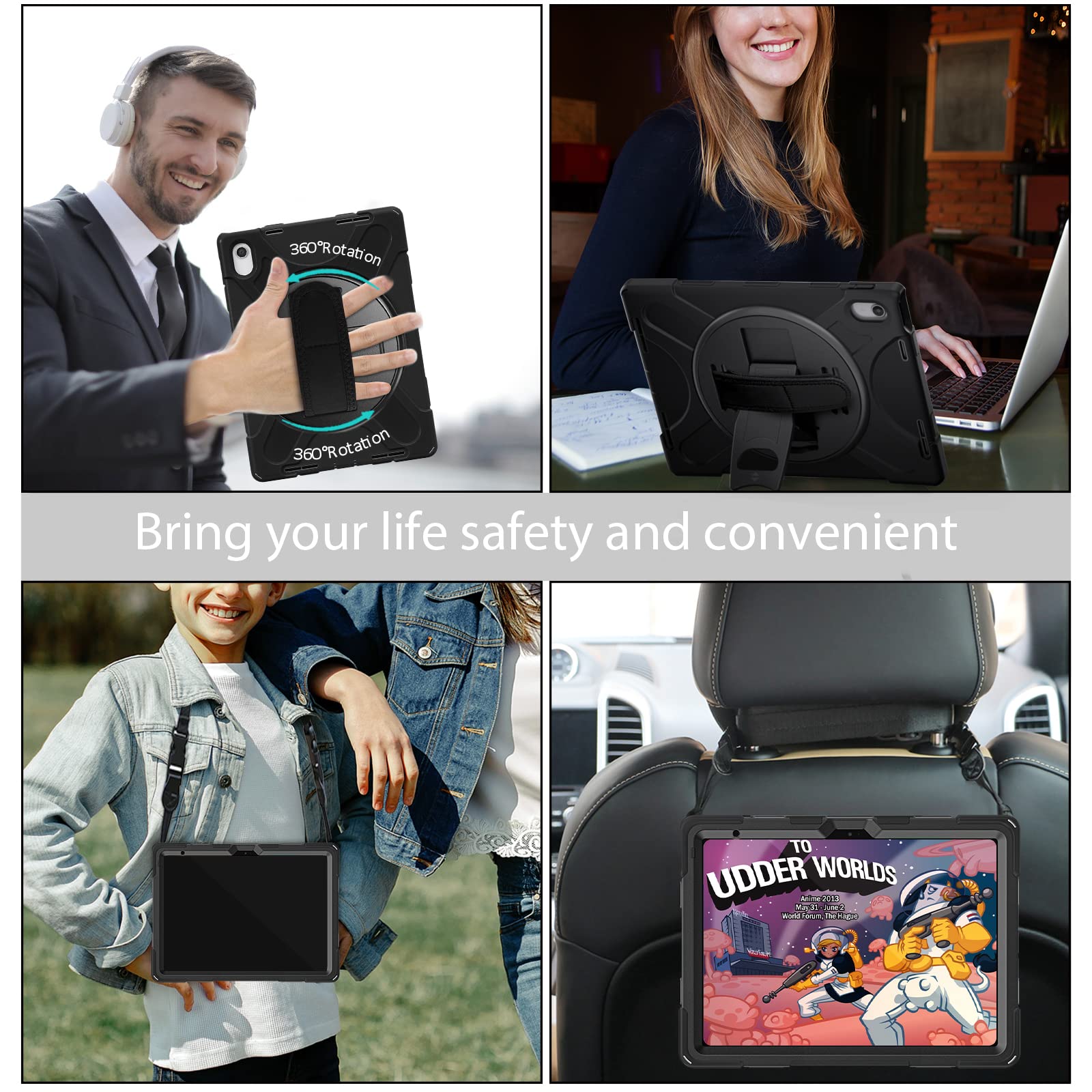 Gerutek Coque Antichoc pour iPad (A16) 11ème/10ème Génération (11/10.9 Pouces) 2025/2022, Coque pour iPad 10ème, Étui Robuste avec Support Rotatif à 360°, Dragonne et Bandoulière, Porte-Stylet, Noir