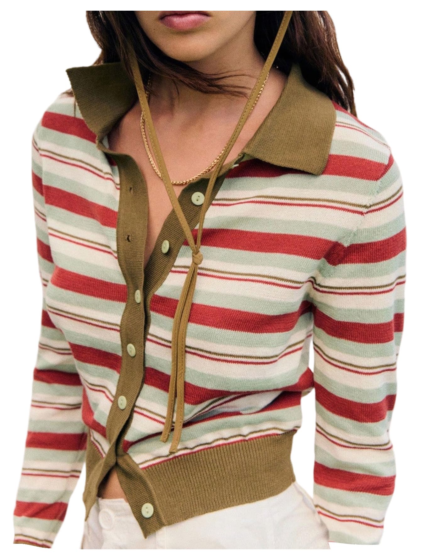 MakeMeChic Womens Striped Button Down Cardigan Sweater Long Sleeve Collared Fall Knit Crop Tops