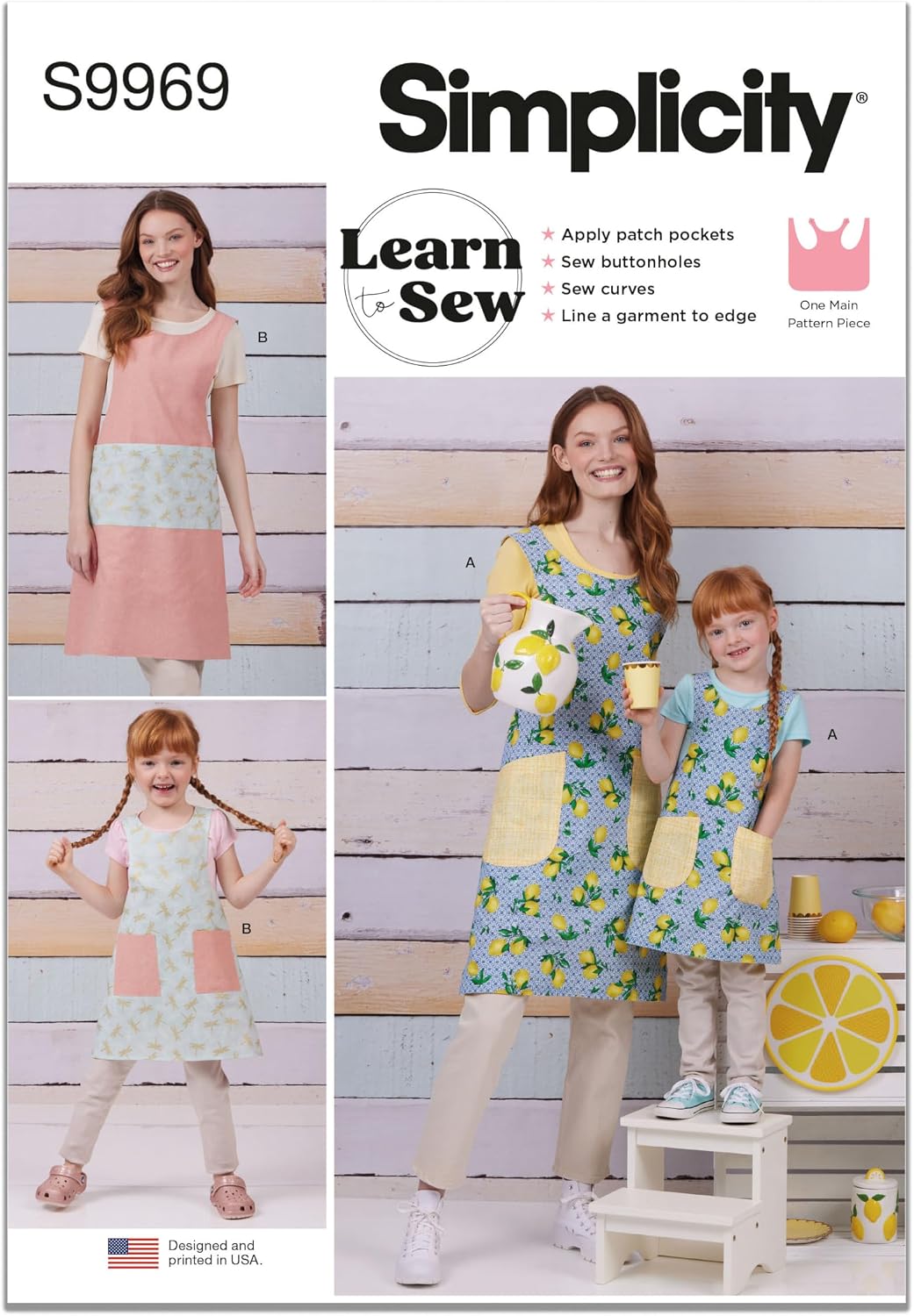 Simplicity SS9969A Easy to Make Children's and Misses' Reversible Aprons Sewing Pattern Packet, Design Code S9969, Sizes S - L / S - L, Multicolor