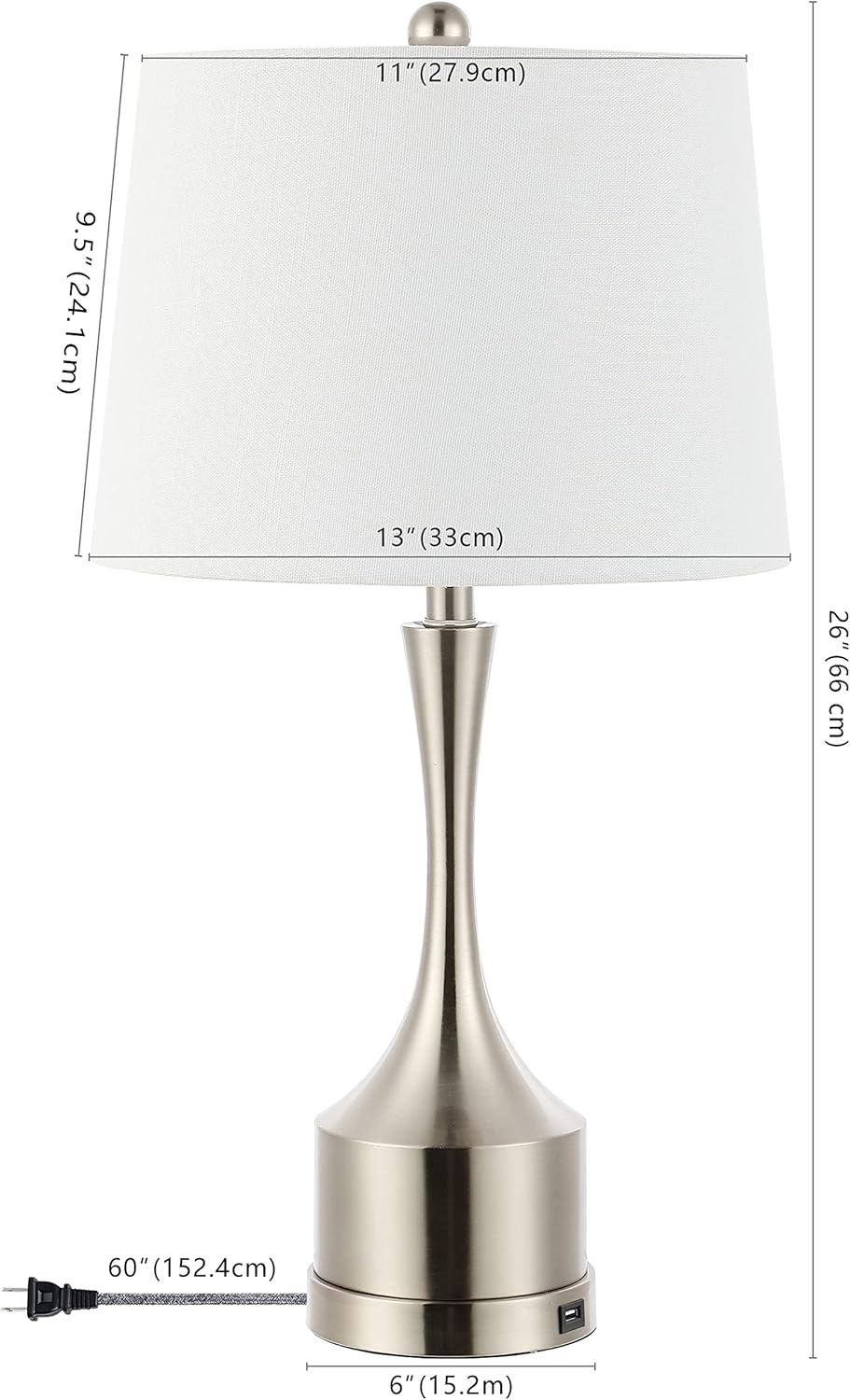 JONATHAN Y 26" Nickel Table Lamp Set of 2 with USB Charging Port, French Country Bedside Lamps for Living Room Bedroom Decor, White Linen Shade, LED Bulbs Included (JYL4045B-SET2)