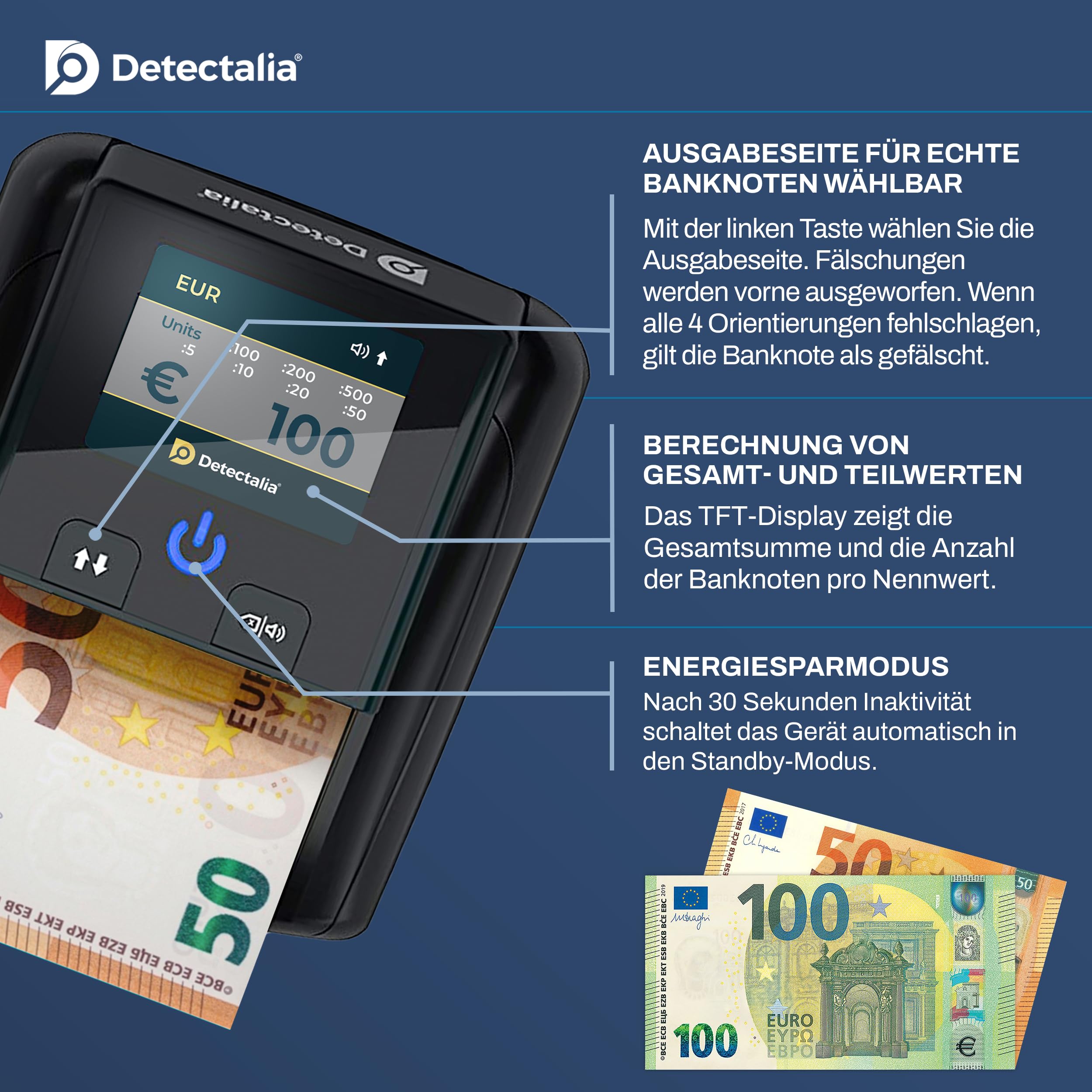 Detectalia D7T+, Falschgeldprüfer, getestet für EUR, GBP, USD, mit 5 Fälschungsprüfungen, mit Alarm, TFT-Display, EZB-Zertifiziert