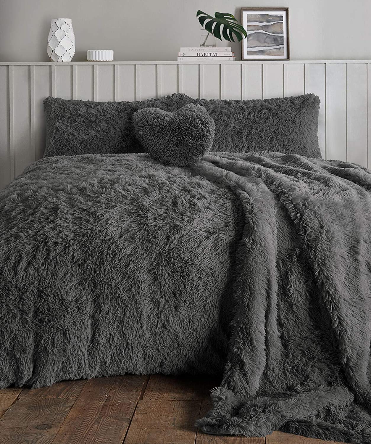 NIGHTZONE Luxury Teddy Bear Fleece Long Fur Cuddles Alaska Duvet Cover Set Warm Cosy Soft Teddy Bedding Set (Alaska Charcoal, Double)