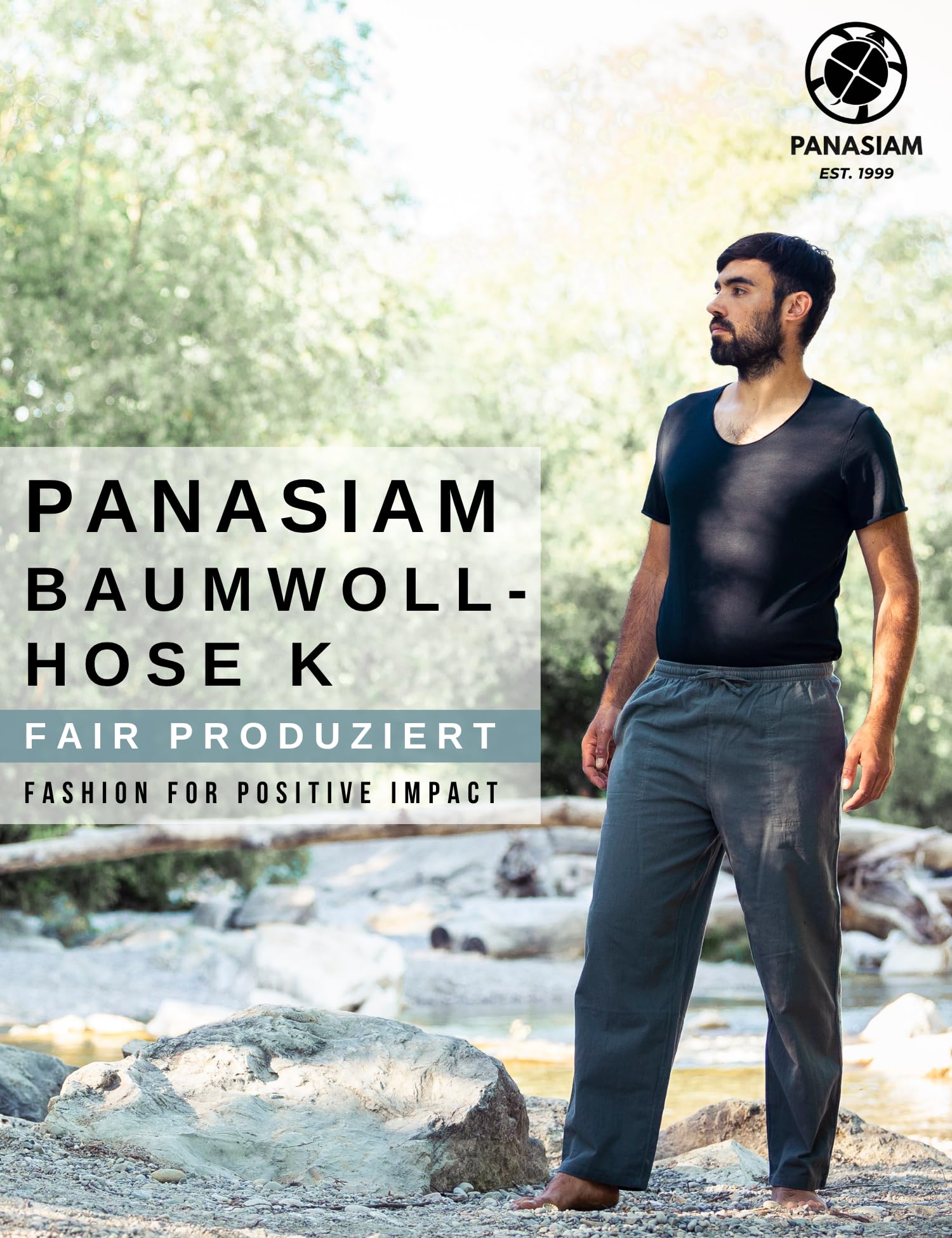 PANASIAM leichte Baumwollhose Damen & Herren - Sommerhose 100% Baumwolle | Unisex Stoffhose, Freizeithose mit Gummibund & Tunnelzug, 2 Taschen, Relaxhose auch Loungehose oder Strandhose, Gr. S-XXL