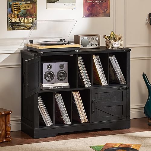 Soporte grande para tocadiscos con almacenamiento de vinilo de hasta 450 álbumes, gabinete de almacenamiento de discos de vinilo negro de madera de
