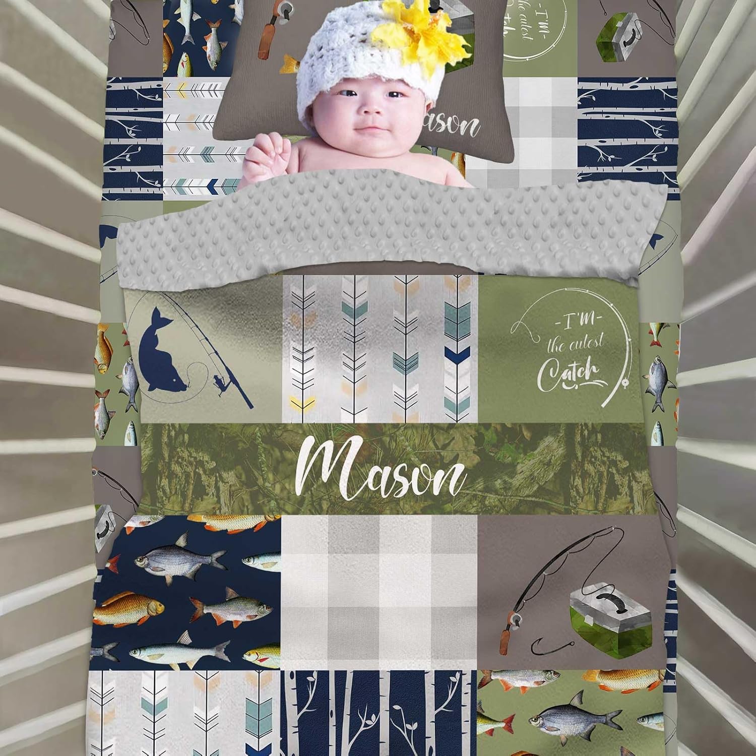 Custom Baby Crib Bedding Set, 3 Piece Personalized Name Fishing Baby Crib Sets for Boys, Minky Blanket, Fitted Sheet, Pillowcase, Soft Nursery Bedding Set for Newborn Infant Toddler Gifts