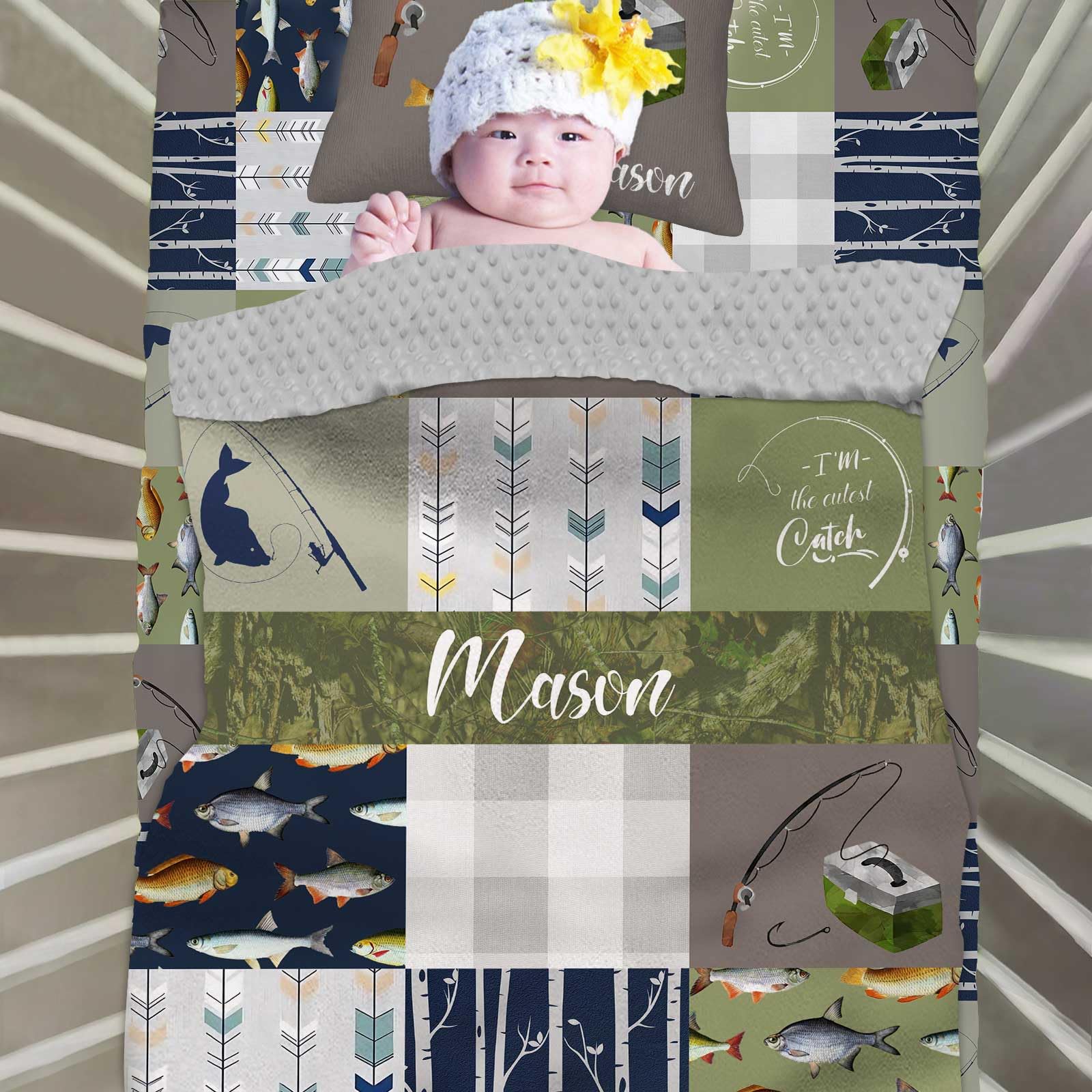 Custom Baby Crib Bedding Set, 3 Piece Personalized Name Fishing Baby Crib Sets for Boys, Minky Blanket, Fitted Sheet, Pillowcase, Soft Nursery Bedding Set for Newborn Infant Toddler Gifts