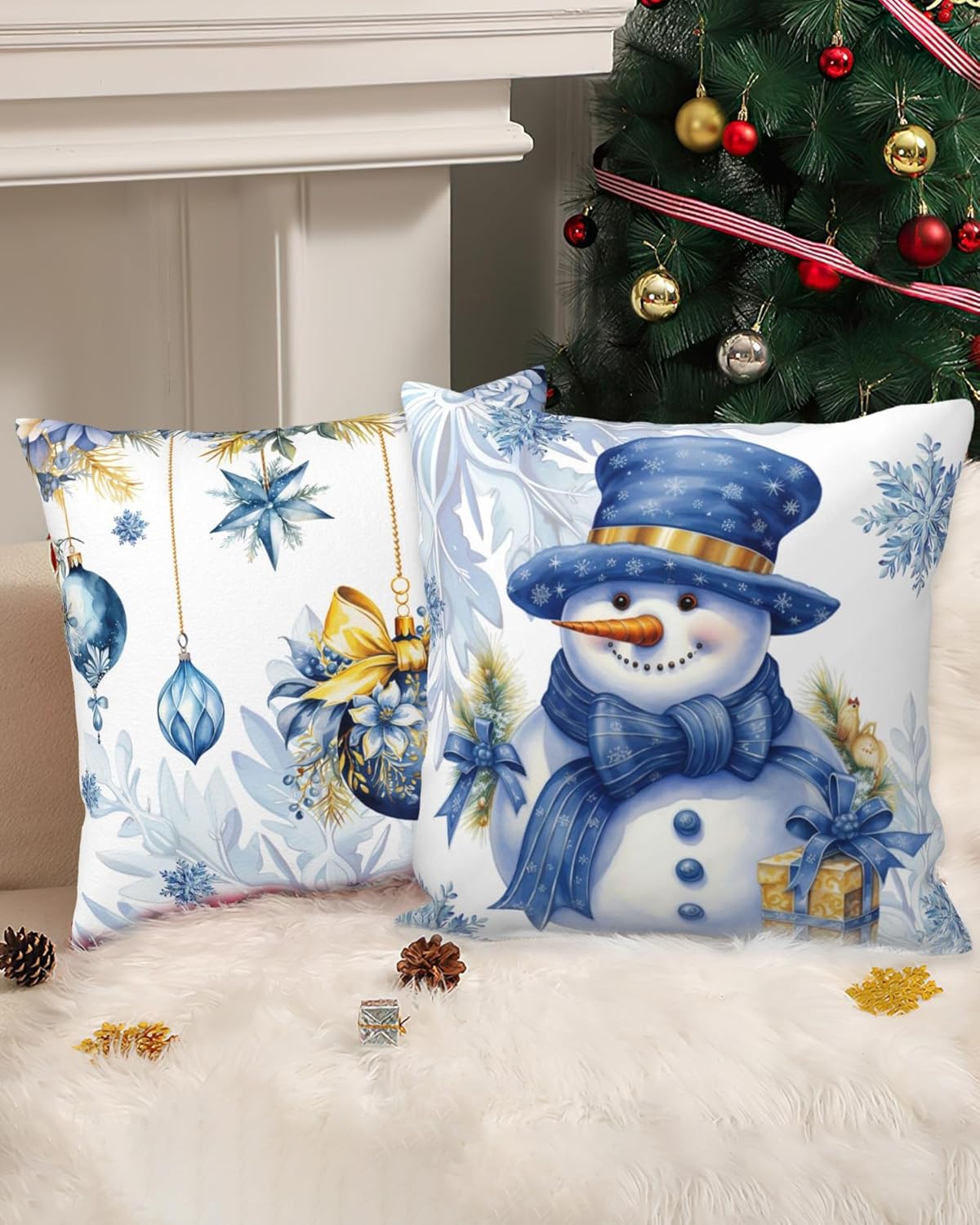 Velvet Christmas Pillow Covers 16x16, Blue Throw Pillow Set of 4, Tree Snowman Winter Holiday Decorations for Home Couch Cushion - Image 5