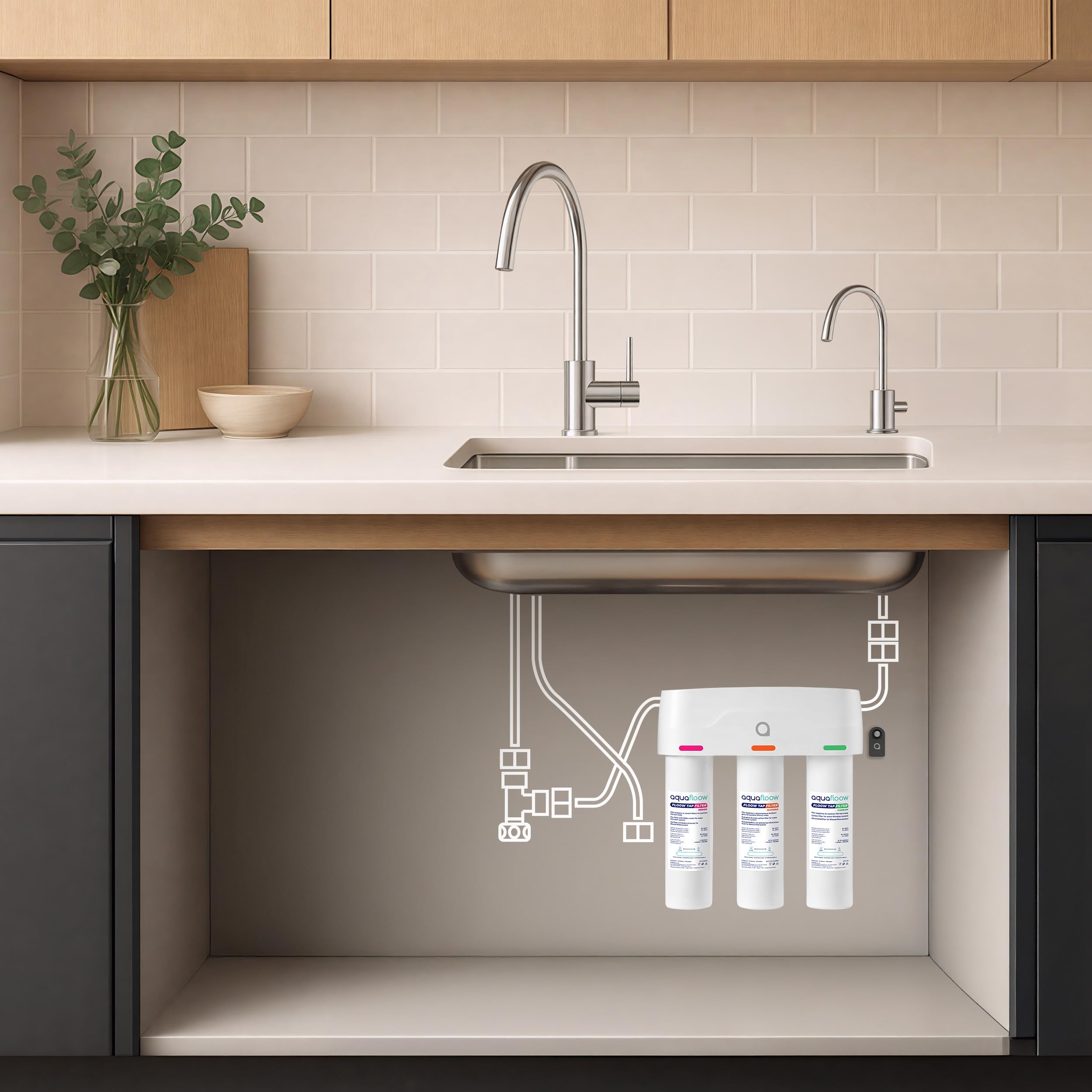 Aquafloow Filtro Acqua Sistema di Filtraggio, 3 Stadi Depuratore Acqua Domestico per Sotto Bancone, Connessione Diretta, con Timer, Rimozione di Piombo, Cloro, Fluoro, Odori e Alta Efficienza