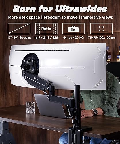Miniatura 2 de Brazo de monitor resistente para monitores ultraanchos de hasta 57" y 44 libras, soporte de escritorio único, altura neumática ajustable, brazos de