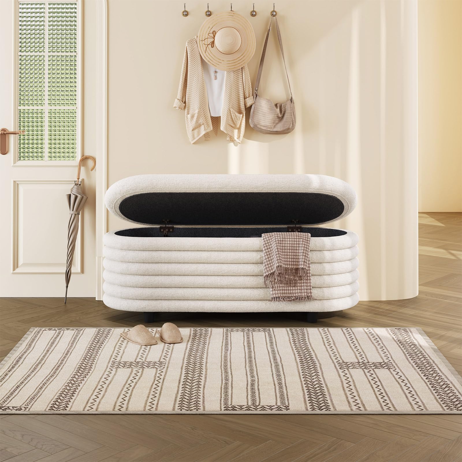 Guyii Sitzbank mit Stauraum aus Lammfellimitat – Beige Polsterbank fürs Schlafzimmer, Bettbank & Bank mit Stauraum – Weiche Sitzbank Schlafzimmersitzbank, Polsterbank mit Stauraum modern