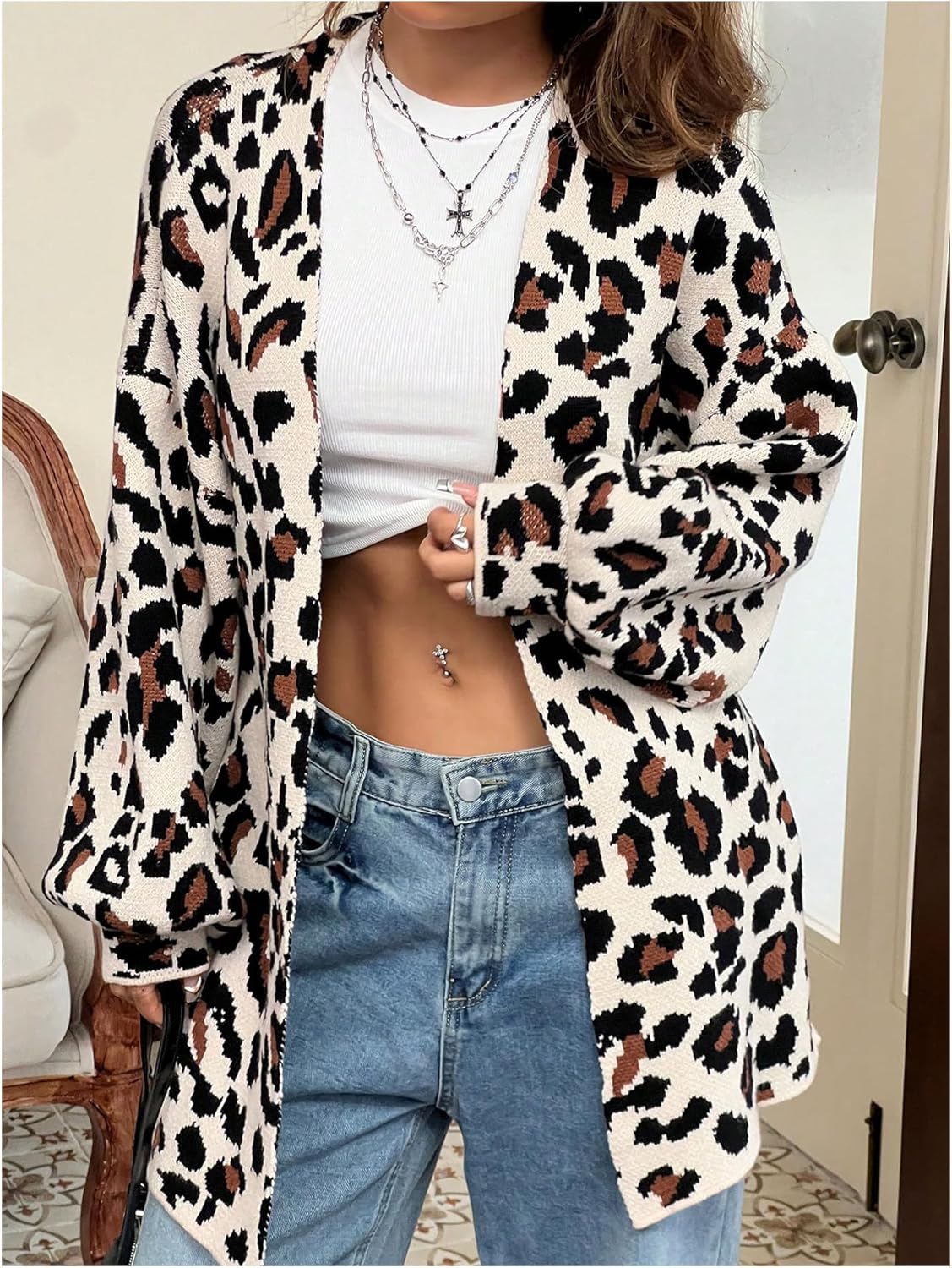 WDIRARA Women's Leopard Cardigan Sweaters Open Front Long Sleeve Knit Outerwear - Image 4