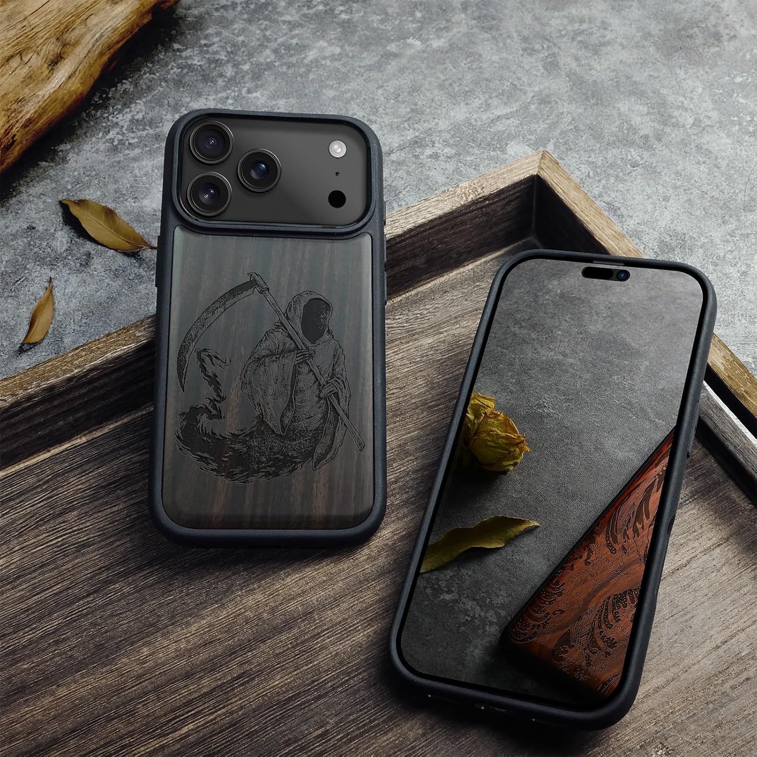 Carveit Magnetic Wooden Case for iPhone 17 Pro Max Case, Wood Artisan Engraved & Black Soft TPU Shockproof Cover, Compatible with MagSafe Wireless Chargers (The Grim Reaper) Blackwood