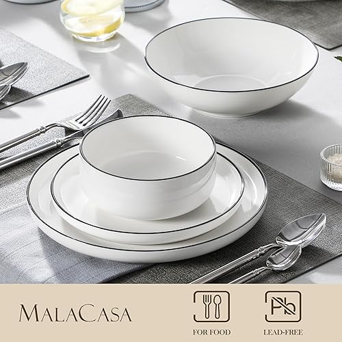 Miniatura 3 de MALACASA Juego de platos y cuencos, juego de vajilla de porcelana moderno de 24 piezas para 6 platos de cerámica de color blanco, con borde negro,