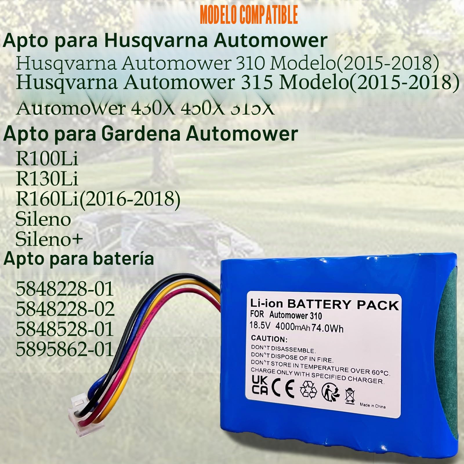 Batería de 18,5V 4,0Ah para Gardena Sileno R100Li, R130Li, R160Li, Compatible con Husqvarna Automower (2015-2018) 310, 315, 584 85 28-02, Repuesto de batería para Robot cortacésped 5848228-01, etc