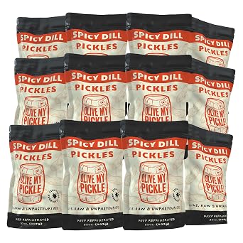 Olive My Pickle Fermented Spicy Dill Pickle - 384 oz | 12 Pack Bundle of Probiotic Spicy Pickles Kosher Dill & Brine with Digestive Enzymes for Gut Health - 32 oz Hot Pickles Whole per bag