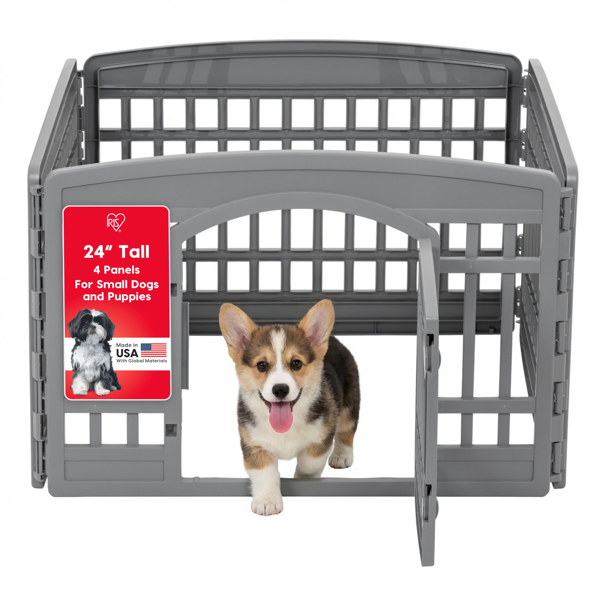IRIS USA 24" Dog Playpen, 4-Panel with Door, Indoor/Outdoor, Gray