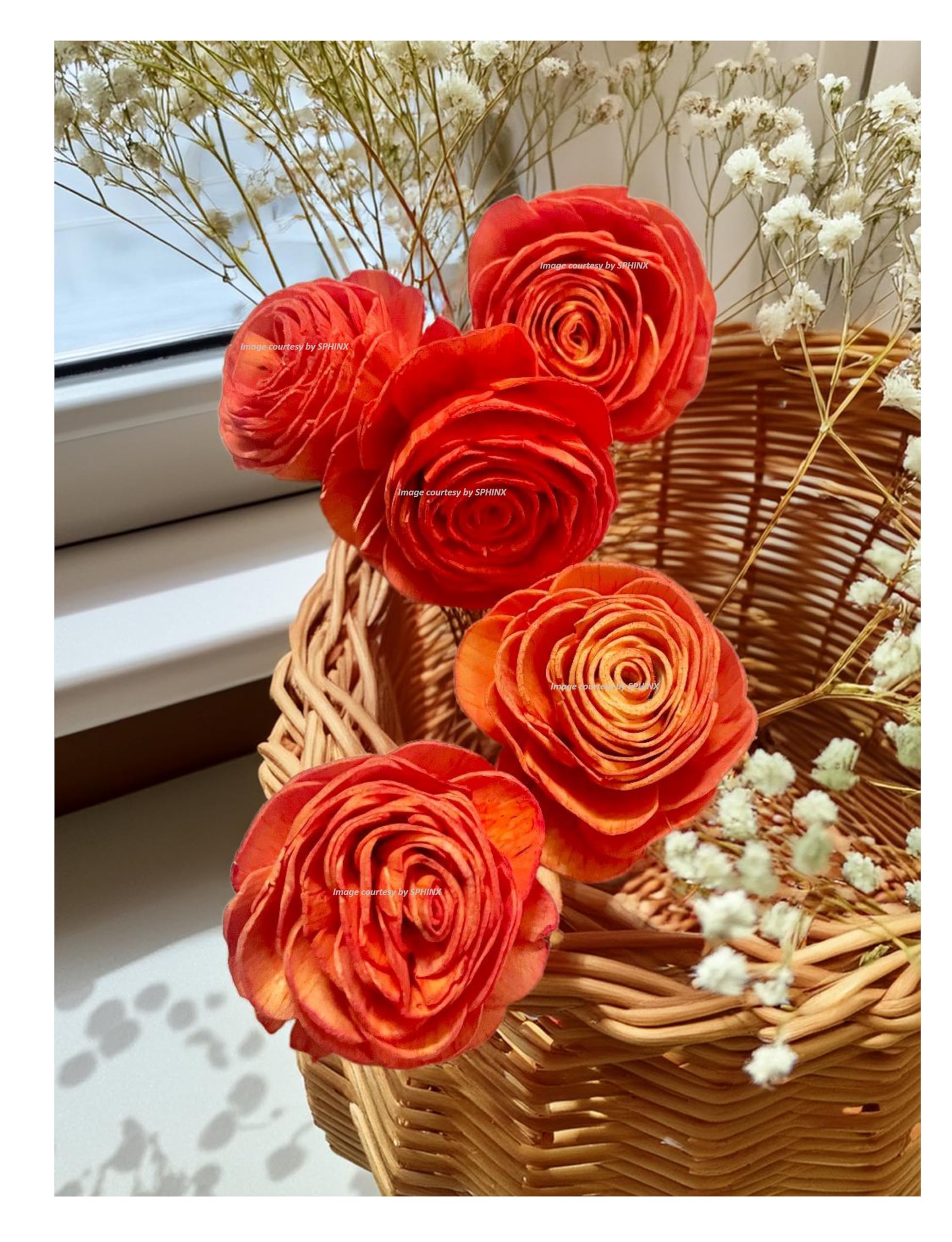 SPHINX Artisanal Handmade Sola Rose, Peony, Lotus Flowers for Decorations, Crafts, Festive Decor, Pooja, Wedding & Housewarming Table Decorations, Floral Wall, Backdrop- (5, Orange Rose, 8 cm)