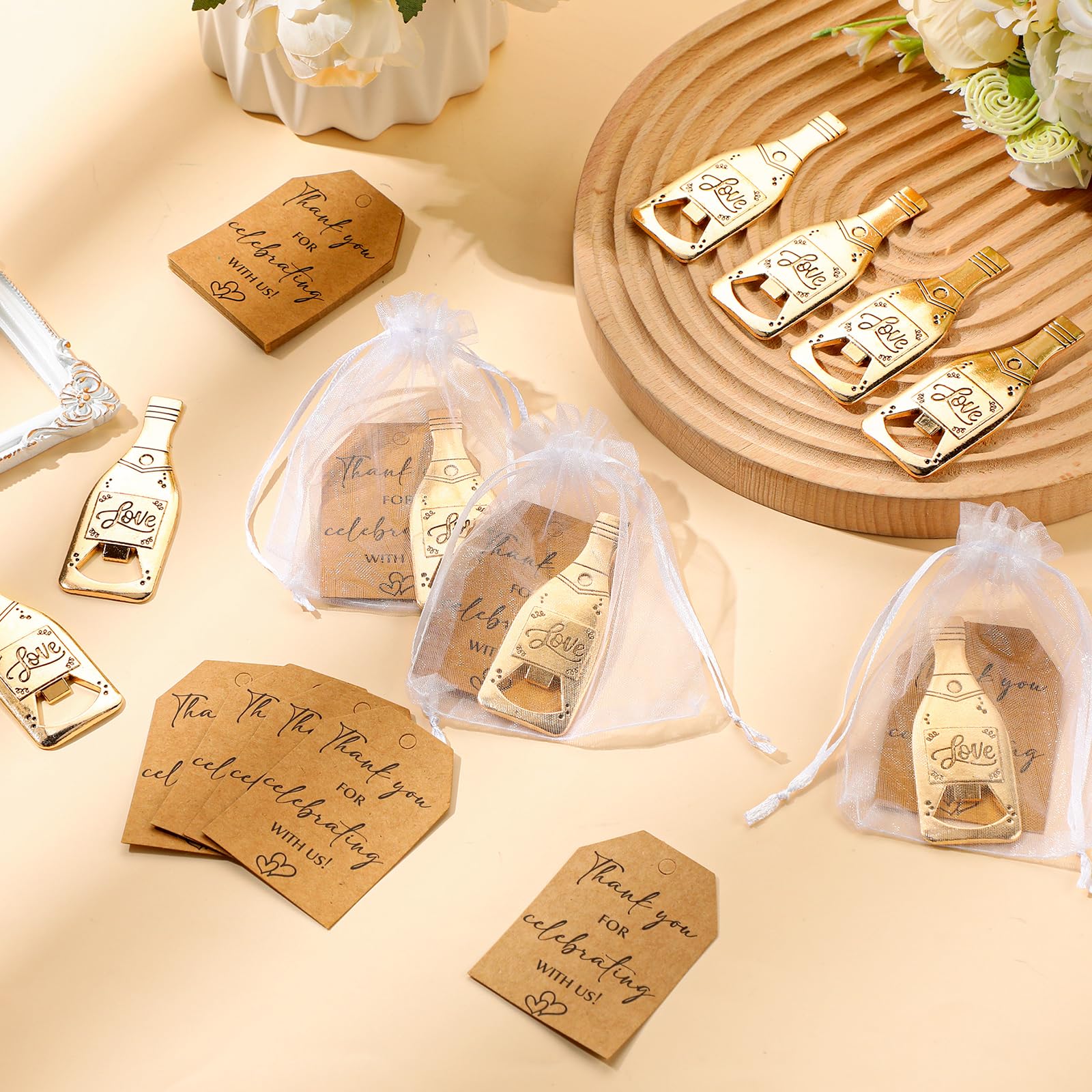 Suclain 25 Sets Hochzeitsgäste-Gastgeschenke, Flaschenöffner, Partygeschenke, inklusive 25 Flaschenöffner, Vintage-Hochzeitsflaschenöffner, 25 Dankeskarten, 25 Organza-Beutel, Hochzeitssouvenirs für