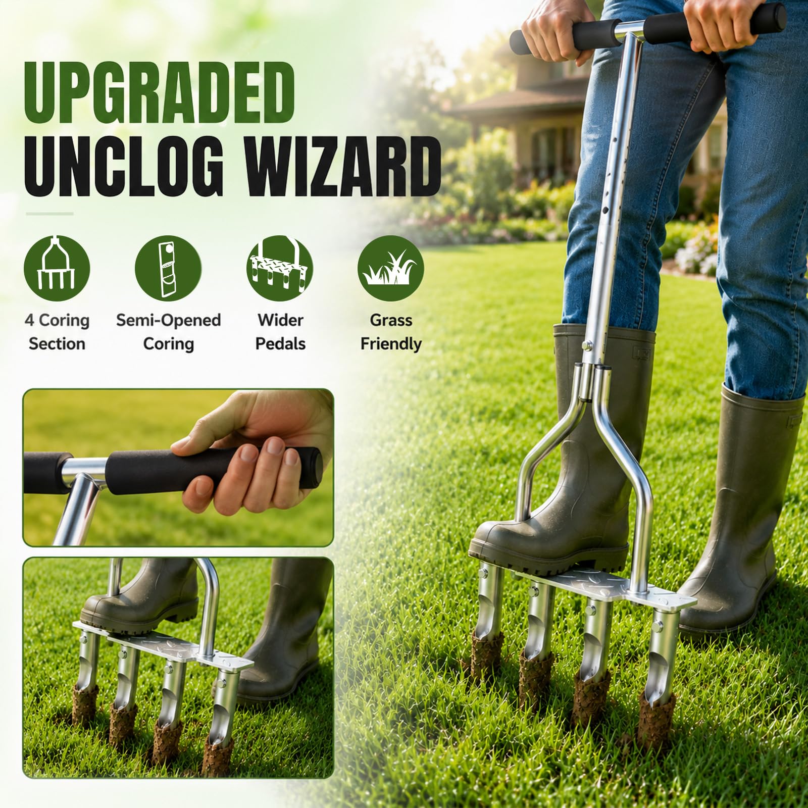 Aireador de césped manual, 4 núcleos, mango de 90 – 98 cm | Inoxidable,Con Guantes Y Herramienta de Limpieza De Desagües,Aerificador De Césped Para Suelos Comprimidos Cuidado Del Césped