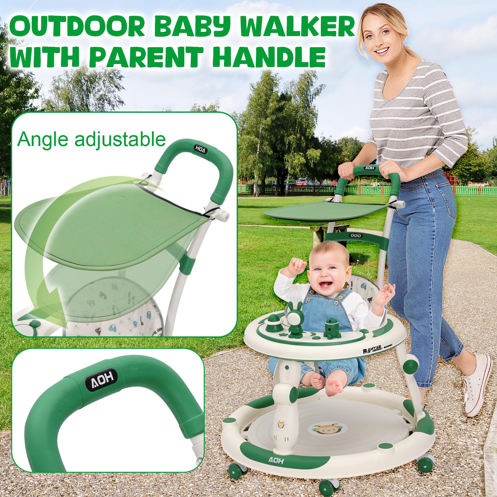 Trotteur Bébé Evolutif 3en1, Jumper Bébé en Roues Silencieuses à 360°, Centre de Jeux, Table à Manger et Accoudoirs, Réglable en Hauteur, Trotteur Bebe Fille/Garçon de 6 Mois Pliable, Vert
