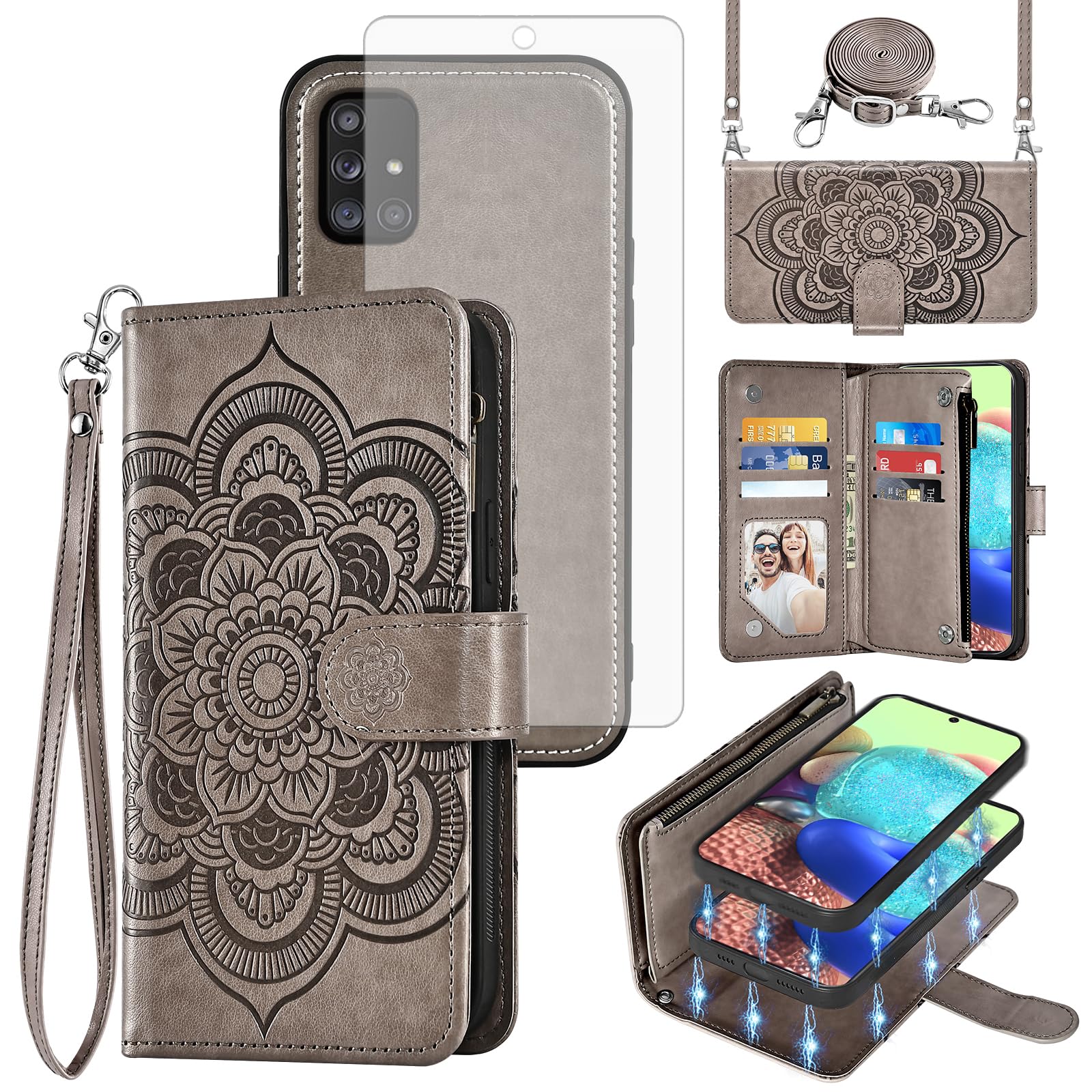 Asuwish Phone Case for Samsung Galaxy A71 5G Zipper Wallet Magnetic Detachable Cell Cover with Tempered Glass Screen Protector Crossbody Strap Flower