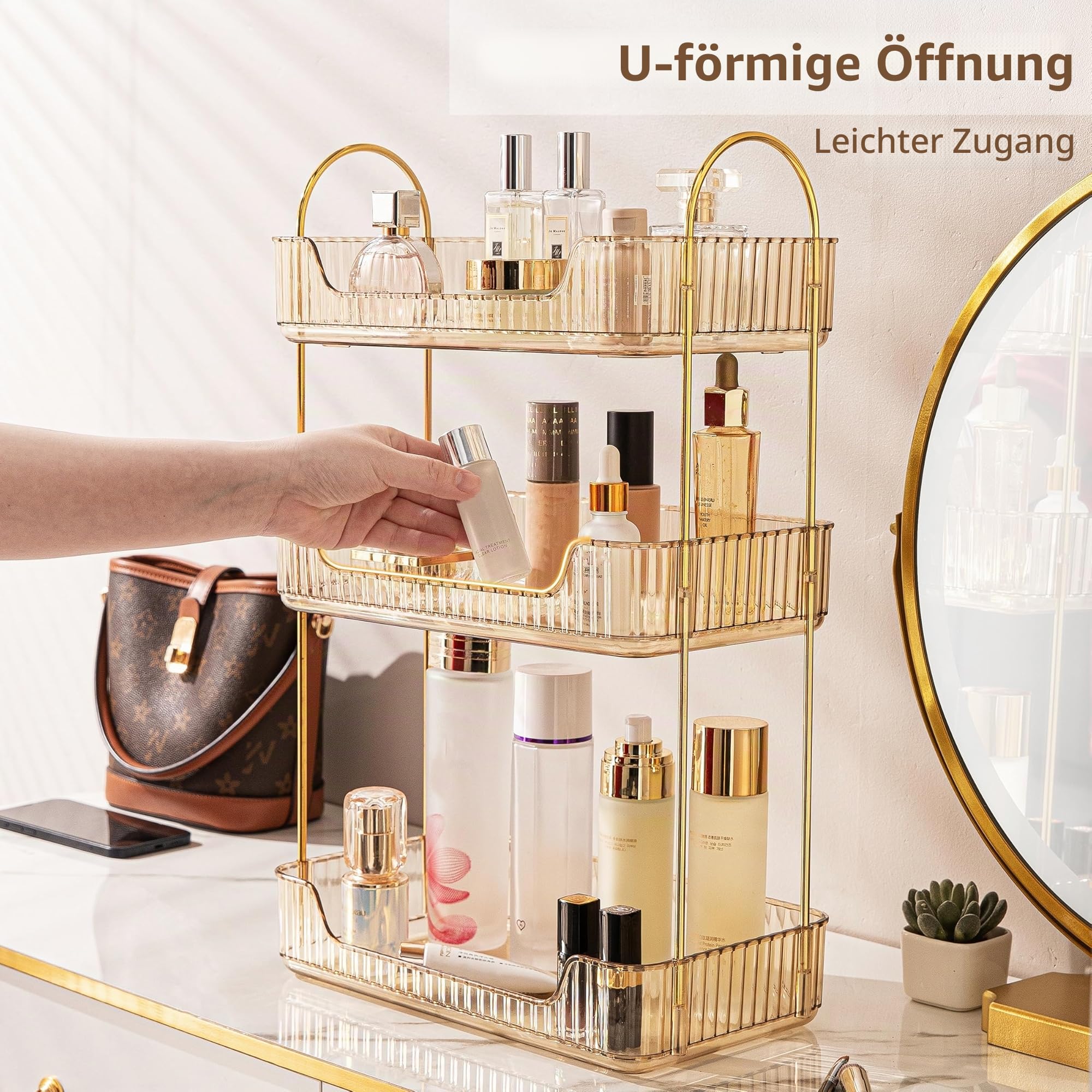CESTATIVO Make up Organizer, Kosmetik Organizer, Beauty Organizer, Hautpflege Organizer für Badezimmer (3 Schichten, Bernstein)