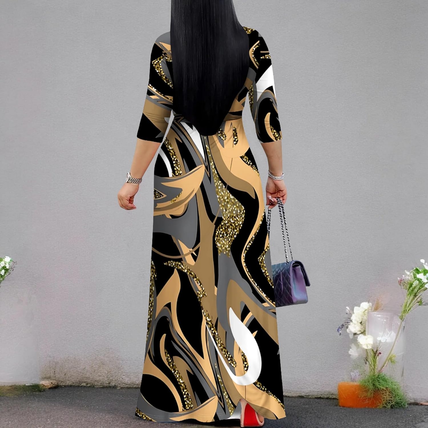 Women's Print Maxi Dresses 3/4 Sleeves Flowy Long Dress V Neck Wrap Tie Waist Sundress(Colorful24 3XL) - Image 6