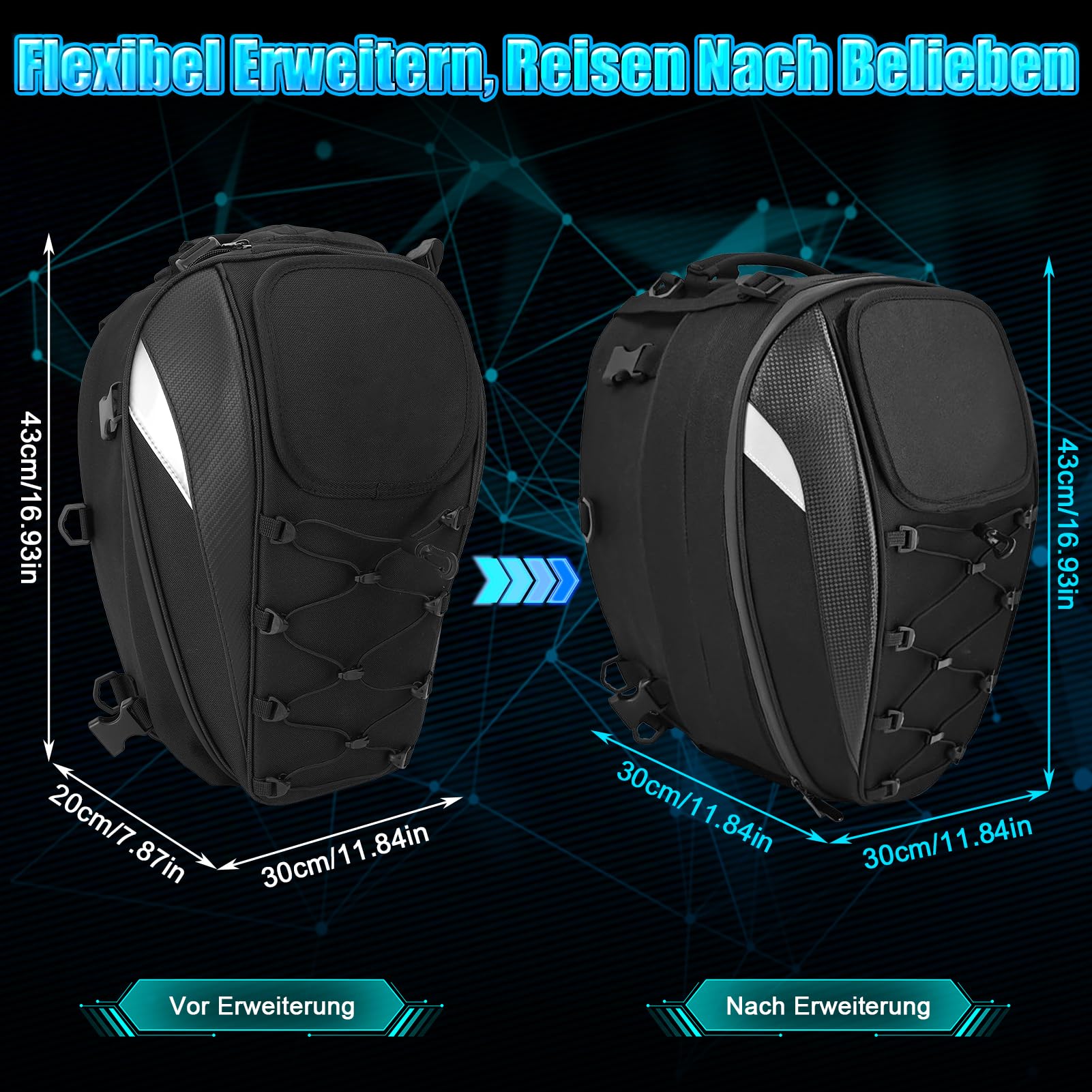 45L Motorrad-Hecktasche, Heckhelmtasche aus Oxford-Stoff, wasserabweisend, mit Reflektoren und Netzfach, erweiterbarer Rucksack mit Schultergurt Rückenpolster für Touren Pendler Fahrer Reise