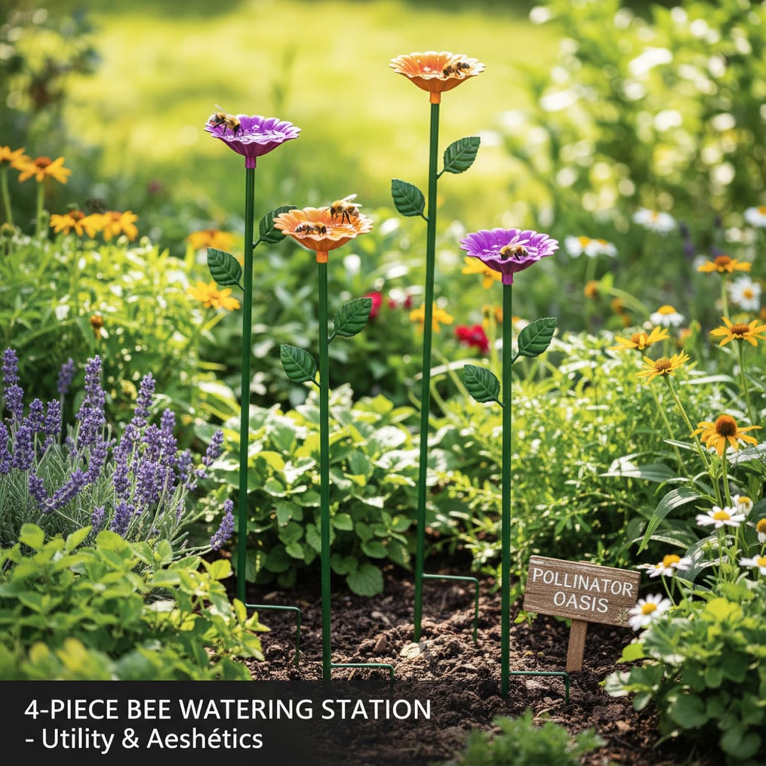 Bee Watering Station 4Pcs, Attractive and Functional Butterfly Feeder for Garden with Flower Design, Metal Cups for Bees to Support Pollinators, Outdoor Yard Decor