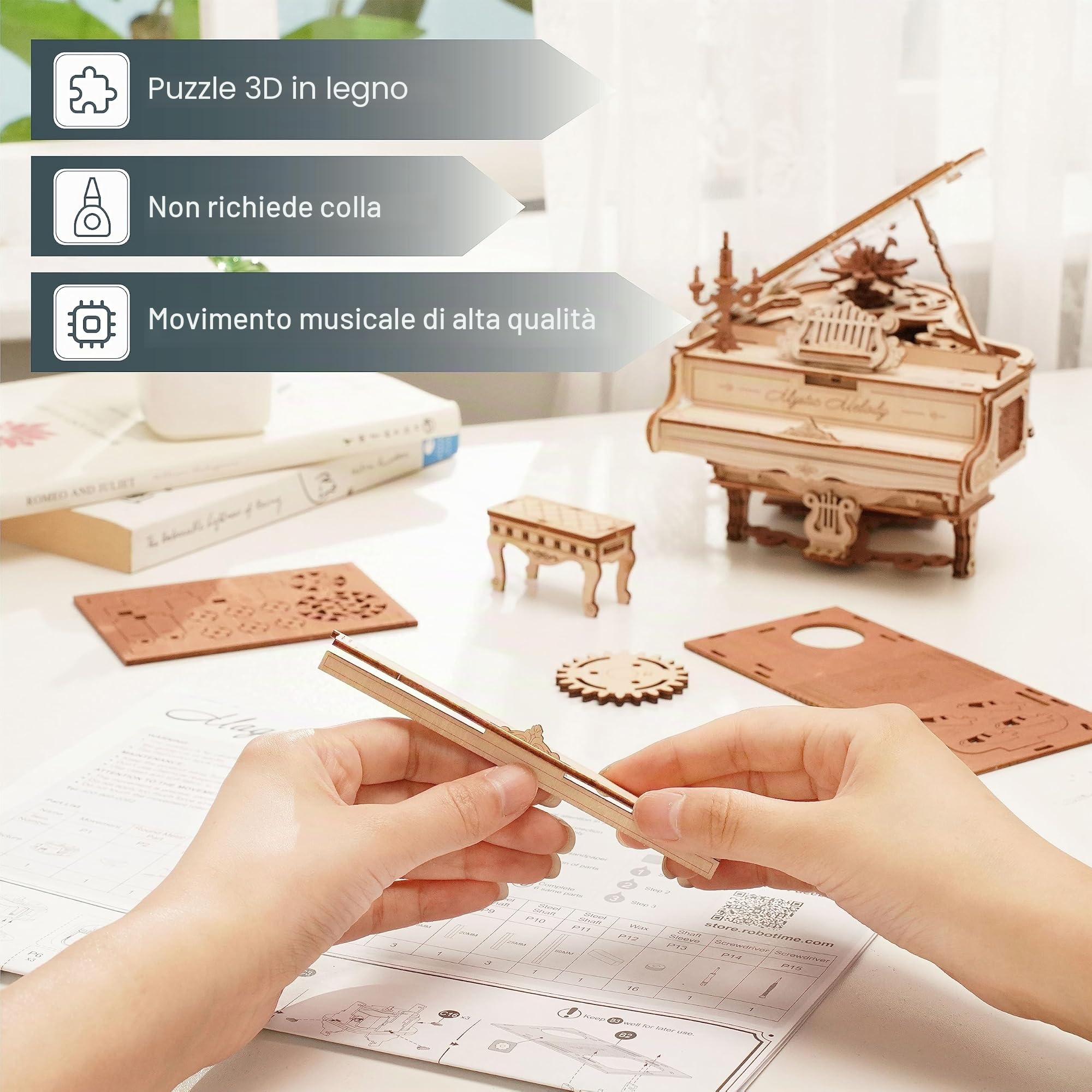 ROKR Puzzle 3D Legno Modellismo da Costruire Adulti Modellini Carillon Pianoforte Magico Modello Meccanico Set di Costruzione Artigianato per Adulti Regali Natale 223pcs, Magic Piano
