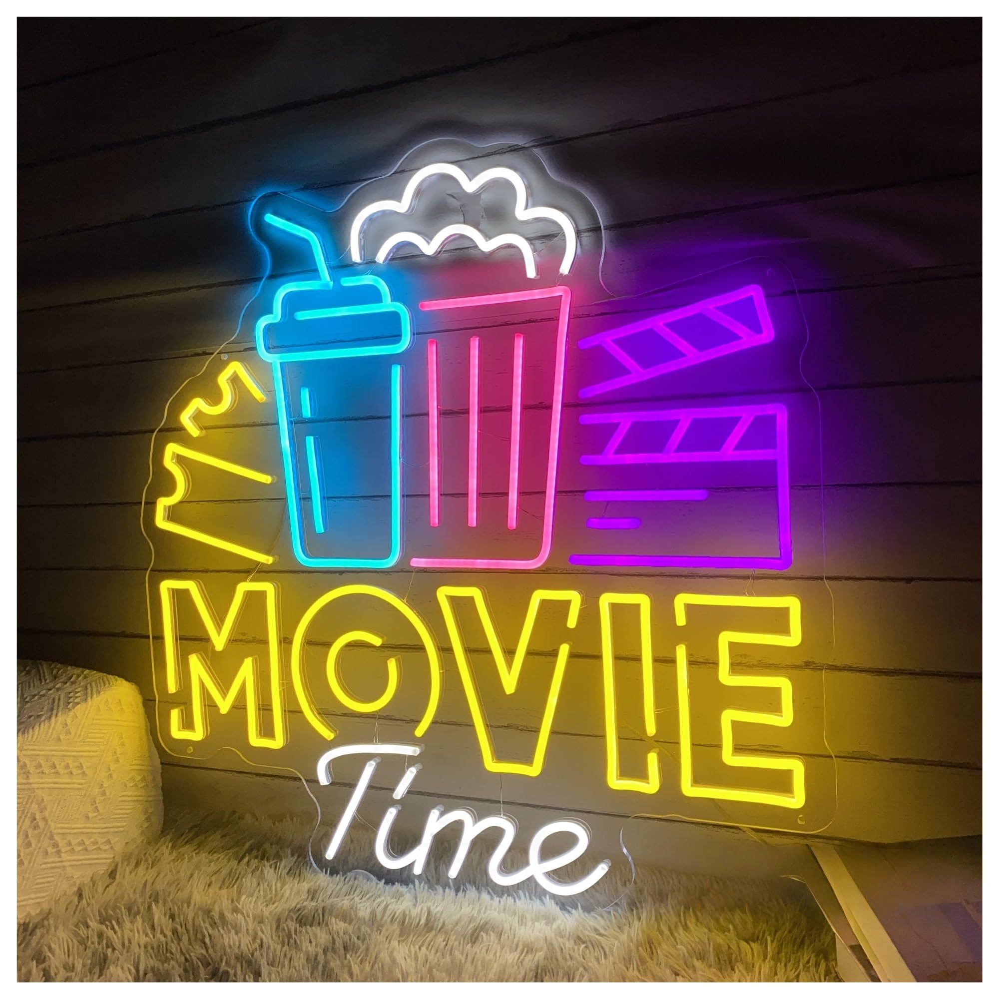XENITE Luces Art Decoration Christmas Letrero De Neón Movie Time Con Palomitas Y Bebidas, Ideal Para Cine, Bar, Decoración De Pared De Cine, Snack Bar, Luz De Neón De 50cmx50cm(UN)