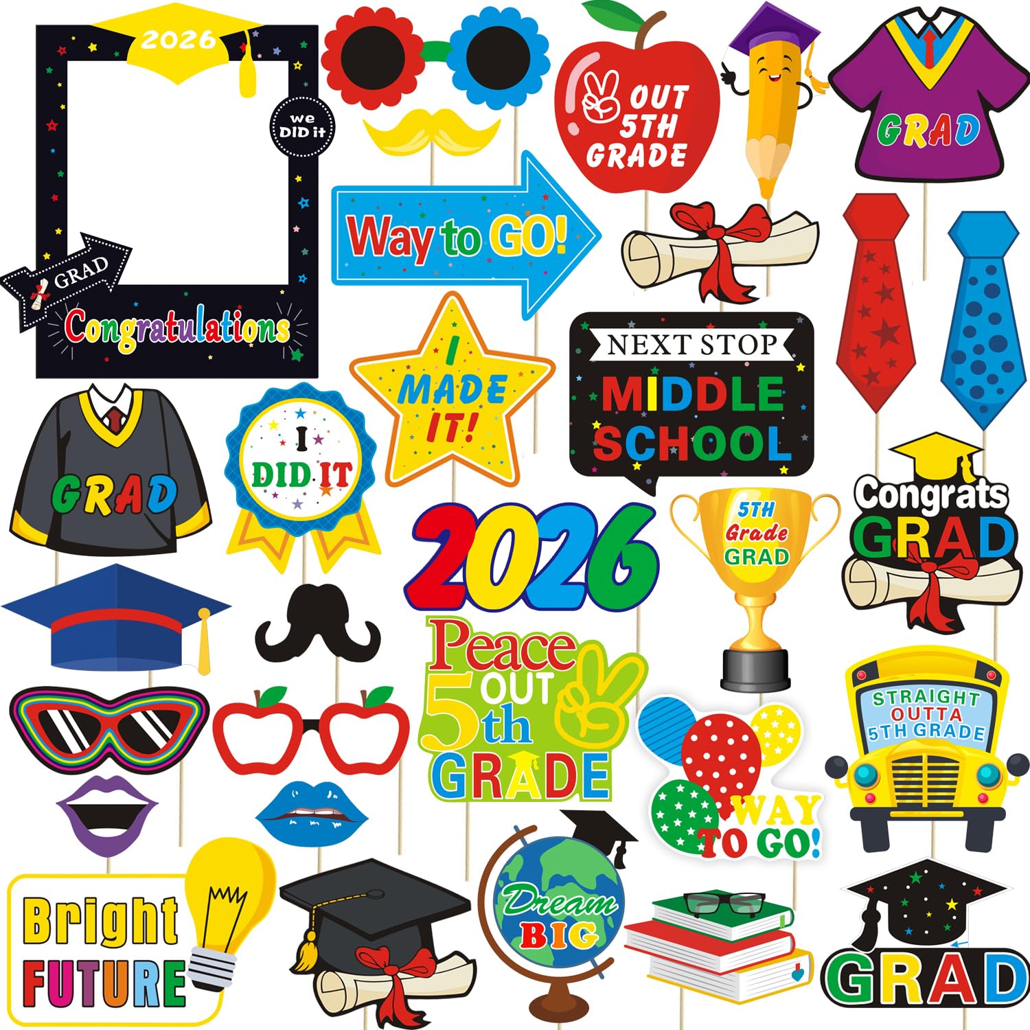 Photo 1 of 31pcs 5th Grade Graduation Photo Booth Props, 5 TH Grade Grad Photo Props for 2026 Elementary School Grads Party Decorations Primary School Grad 5th Graduation Party Supplies