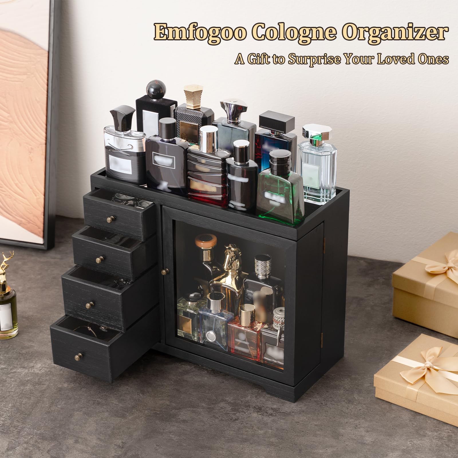 Organizer na perfumy, drewniany, męski stojak na perfumy z szufladą, regał na perfumy z przezroczystą przezroczystą pokrywką, wysokiej jakości pudełko do przechowywania zapachów, kosmetyków i